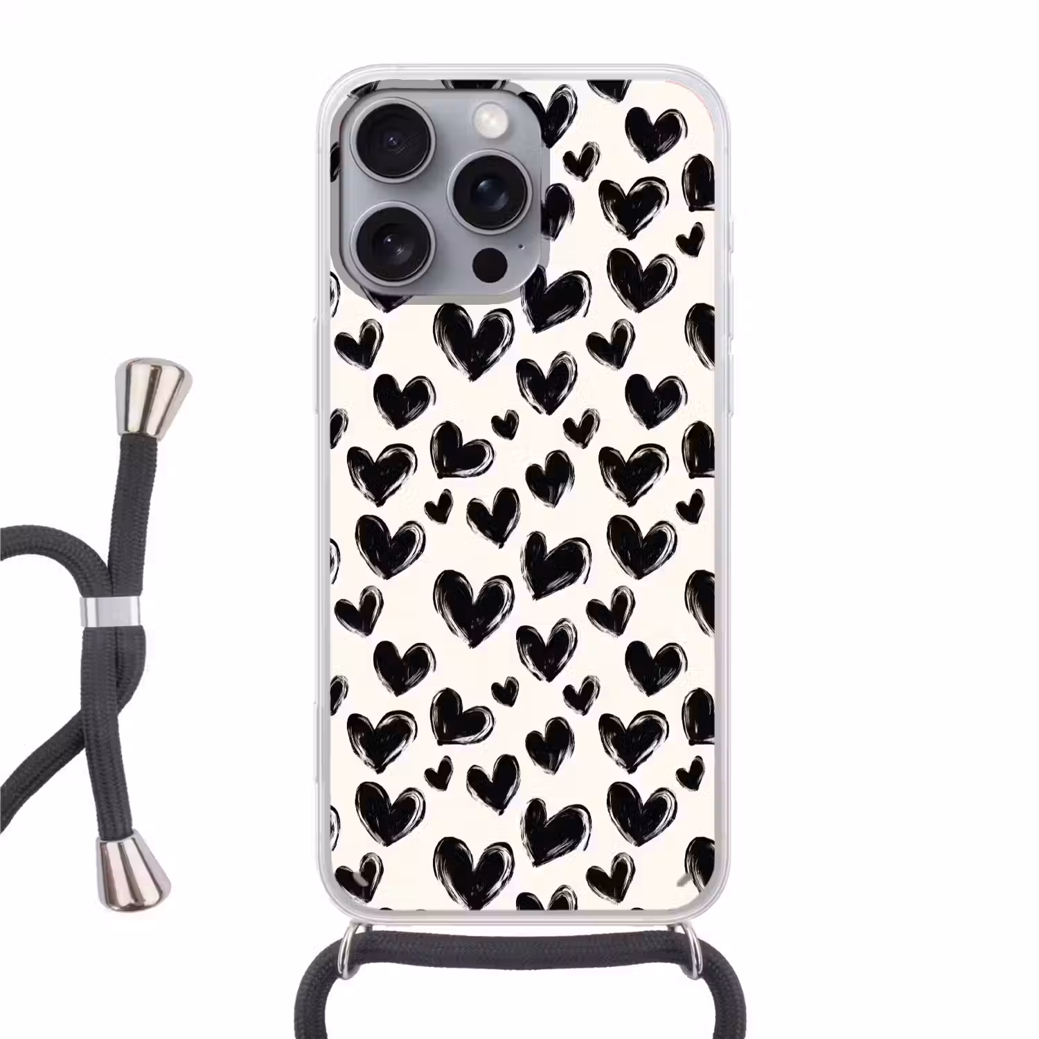 Hartjes - Patroon - Zwart Hoesje iPhone 16 Pro Max met koord klein 804 -3d
