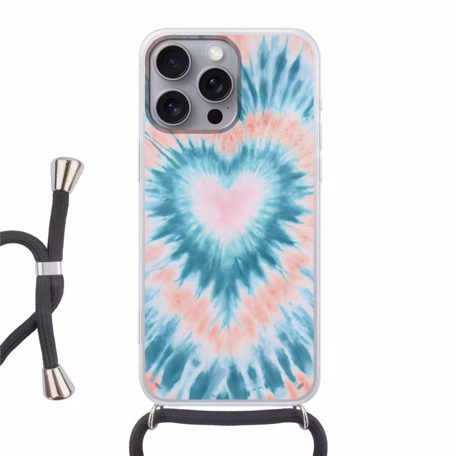 Hartvormig - Tie dye - Pasteltinten - Lichtgroen Hoesje iPhone 16 Pro Max met koord klein -3d