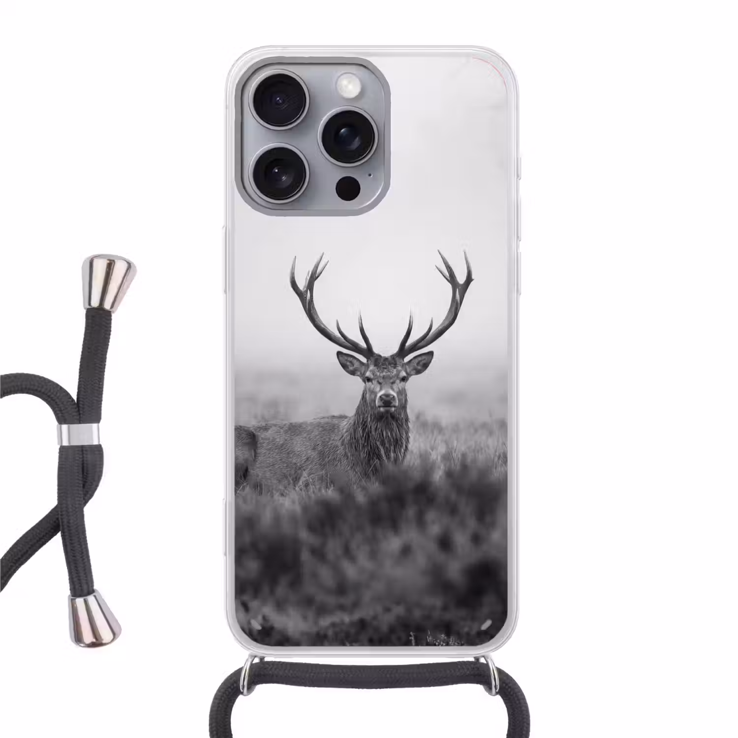 Hert - Mistig - Zwart - Wit Hoesje iPhone 16 Pro Max met koord klein -3d