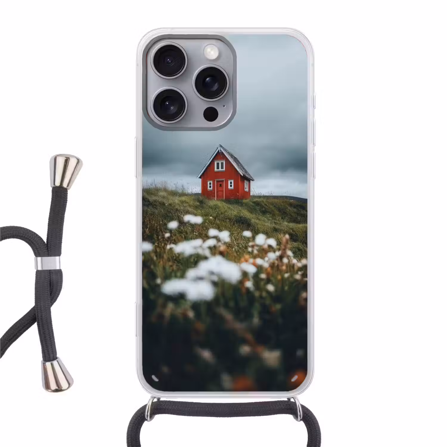 Heuvel - Huisje - Bloemen - Wit Hoesje iPhone 16 Pro Max met koord klein -3d