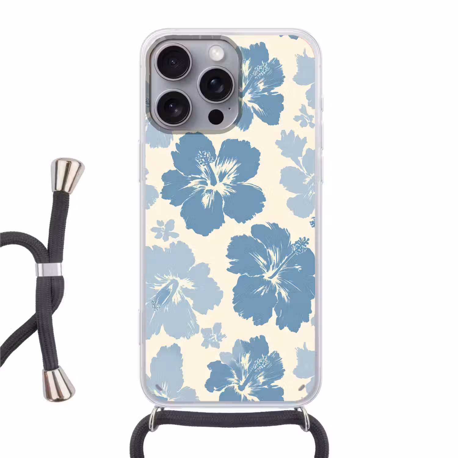 Hibiscusbloemen - Blauw - Patroon - Tropisch Hoesje iPhone 16 Pro Max met koord klein -3d