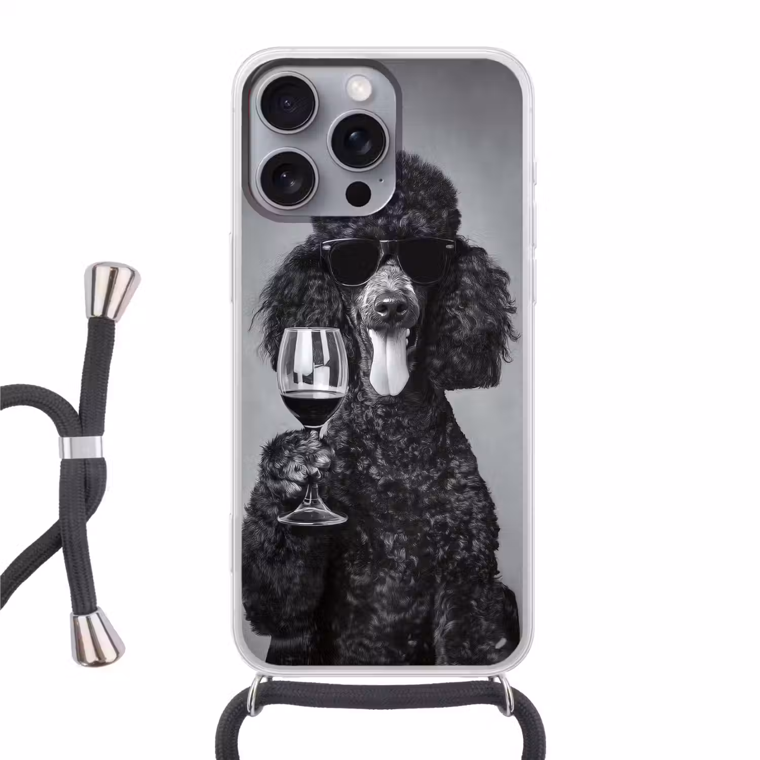 Hond - Krullen - Zonnebril - Wijn Hoesje iPhone 16 Pro Max met koord klein -3d