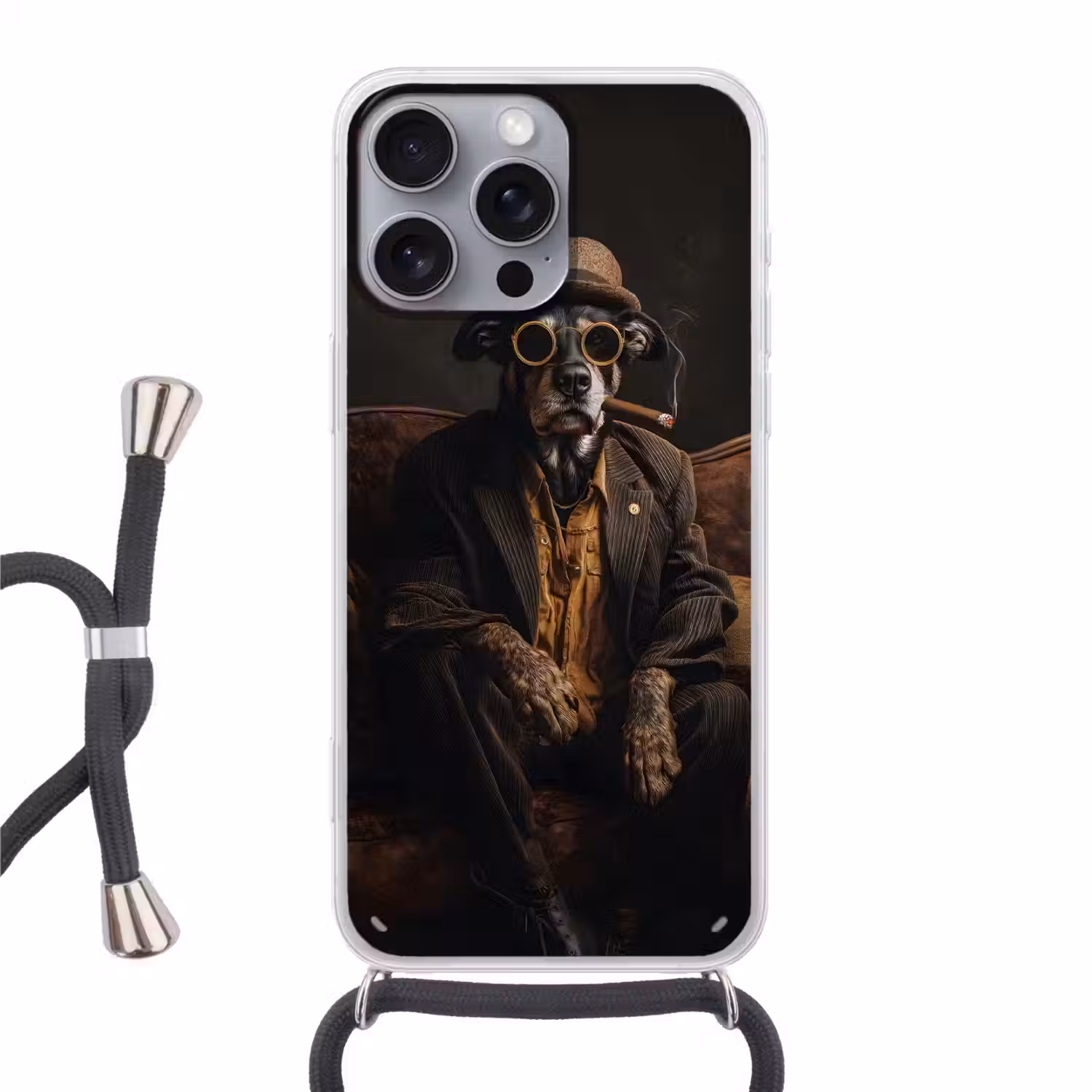 Hond - Sigaar - Hoed - Pak Hoesje iPhone 16 Pro Max met koord klein -3d