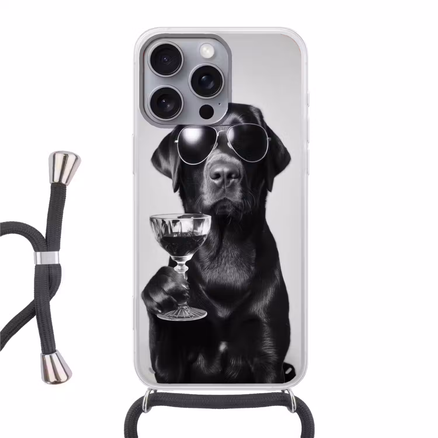 Hond - Zwart - Wijnglas - Zonnebril Hoesje iPhone 16 Pro Max met koord klein -3d