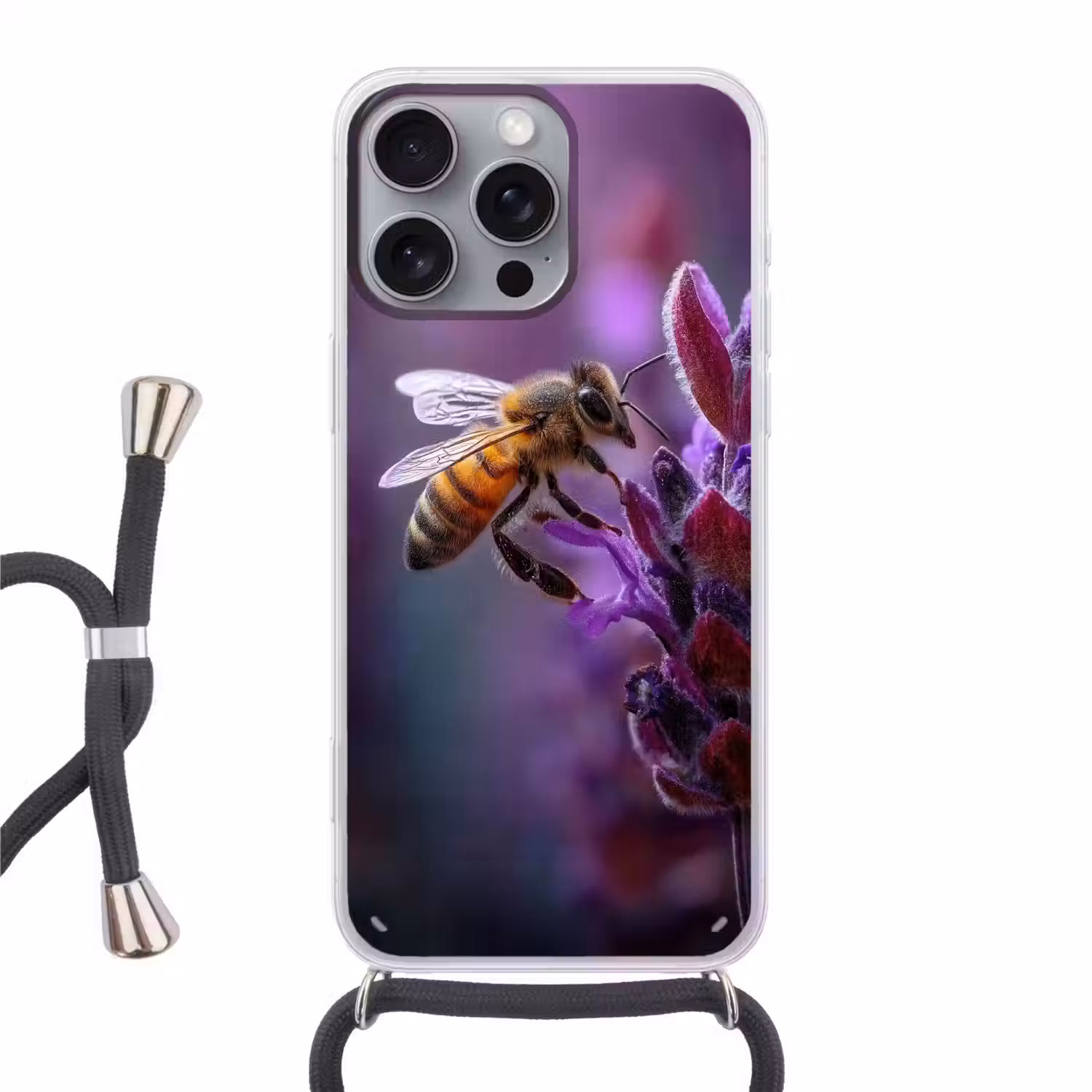 Honingbij - Paarse bloemen - Details Hoesje iPhone 16 Pro Max met koord klein -3d