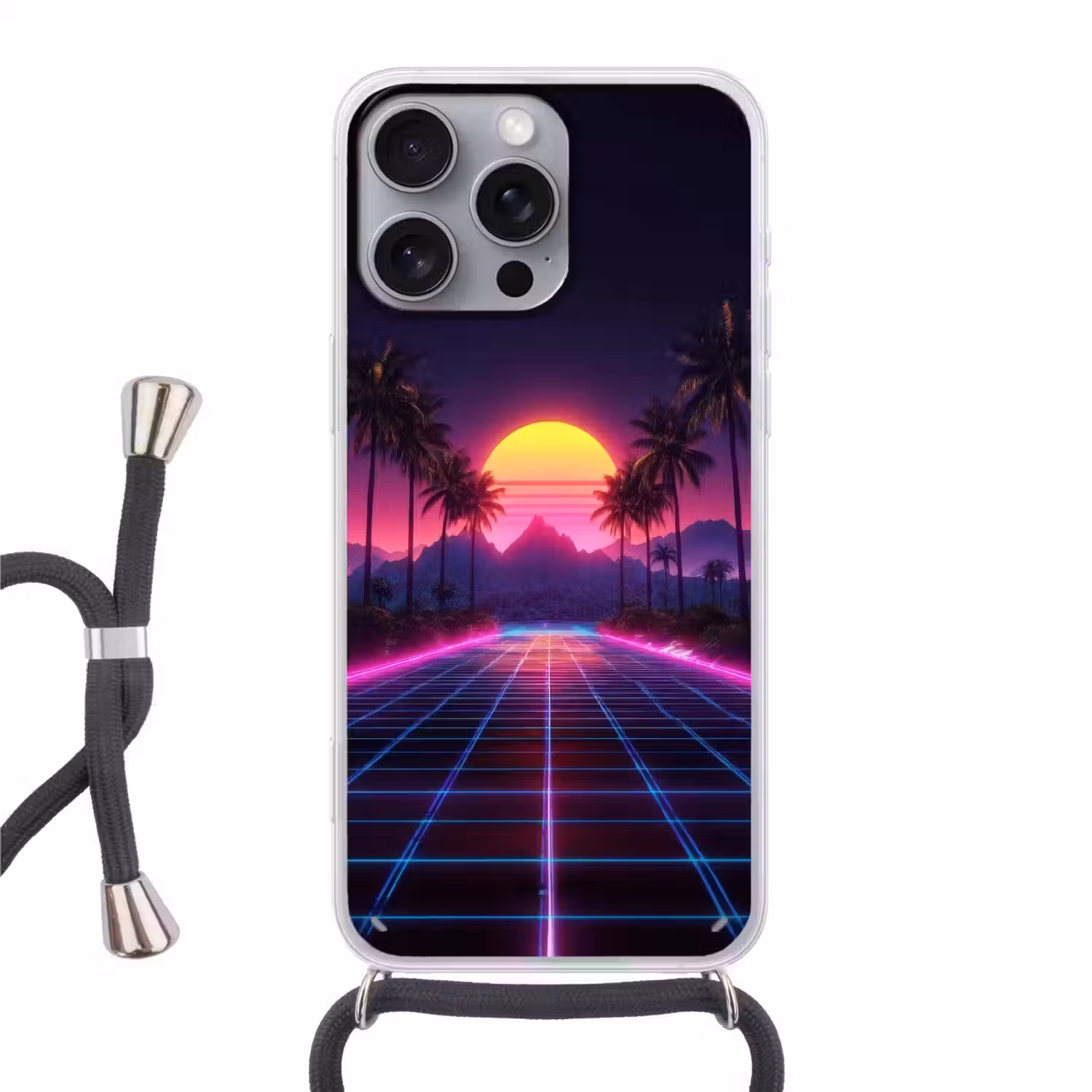 Horizon - Palmbomen - Bergen - Geel Hoesje iPhone 16 Pro Max met koord klein -3d