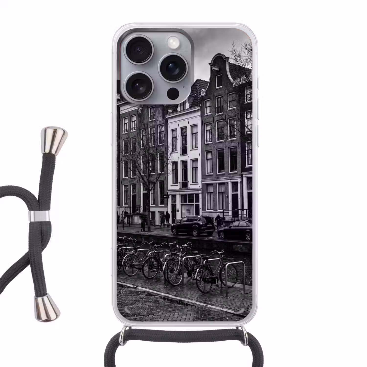 Huis - Gracht - Amsterdam - Architectuur - Zwart-wit Hoesje iPhone 16 Pro Max met koord klein -3d