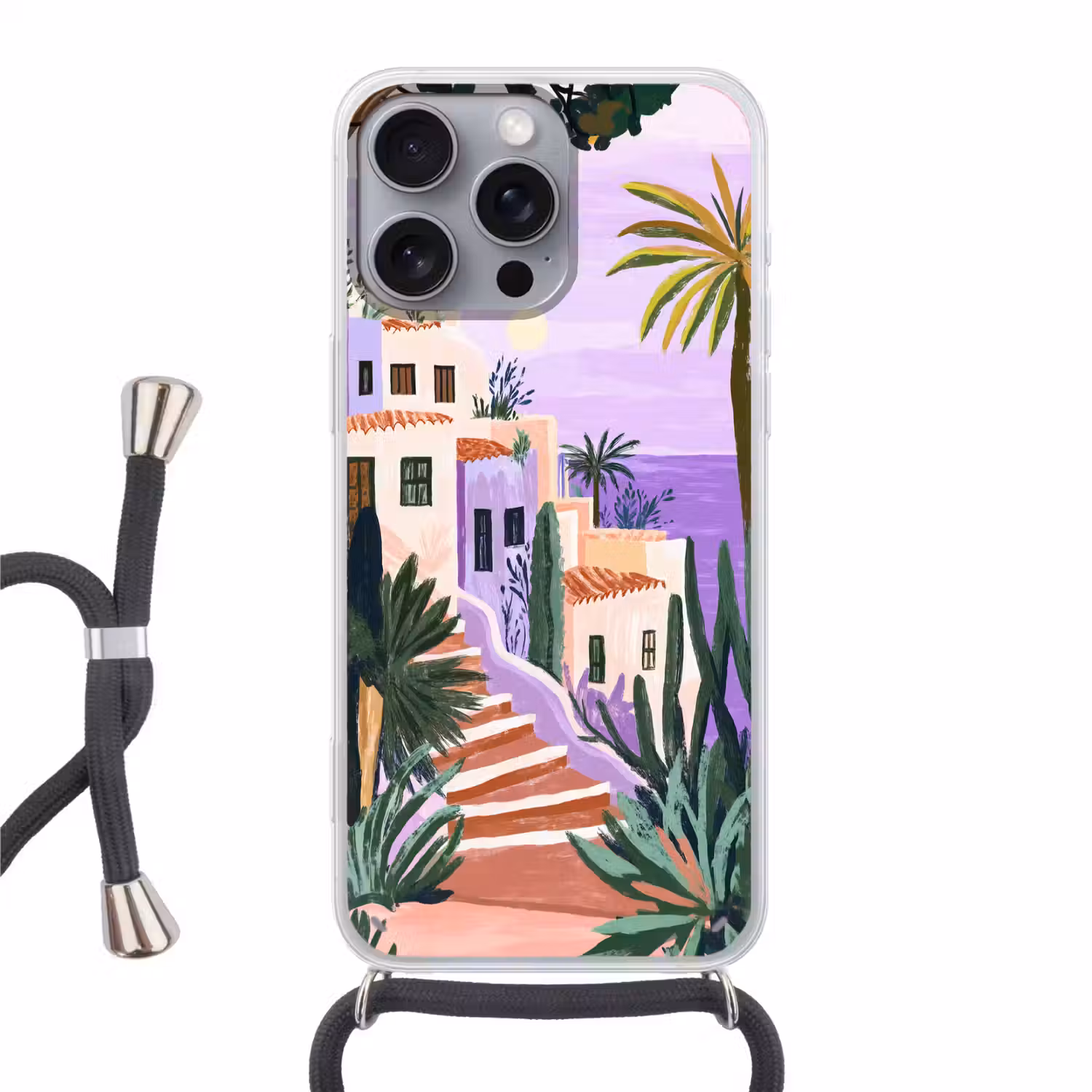Huizen - Minimalistisch - Palmbomen - Kust Hoesje iPhone 16 Pro Max met koord klein -3d