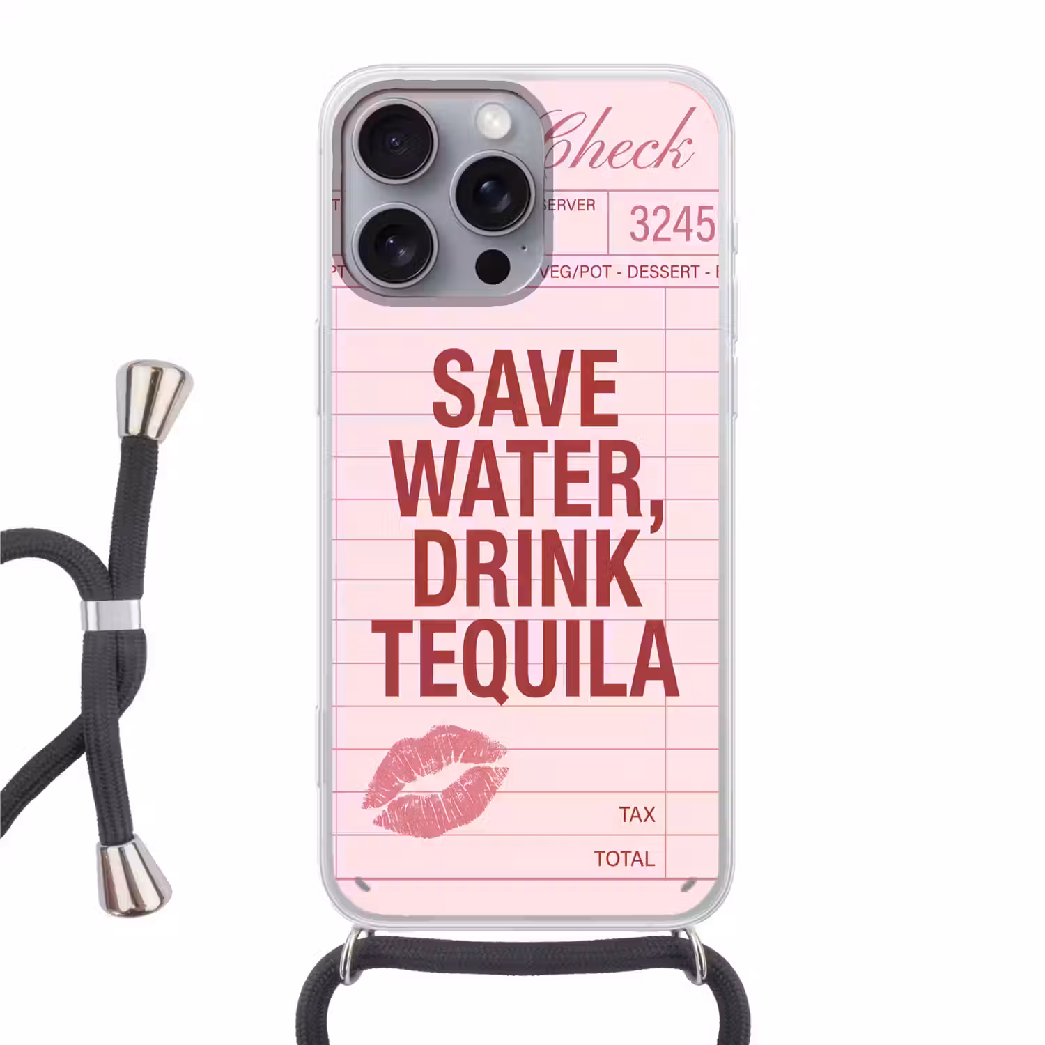 Humor - Drank - Tekst - Roze Hoesje iPhone 16 Pro Max met koord klein -3d