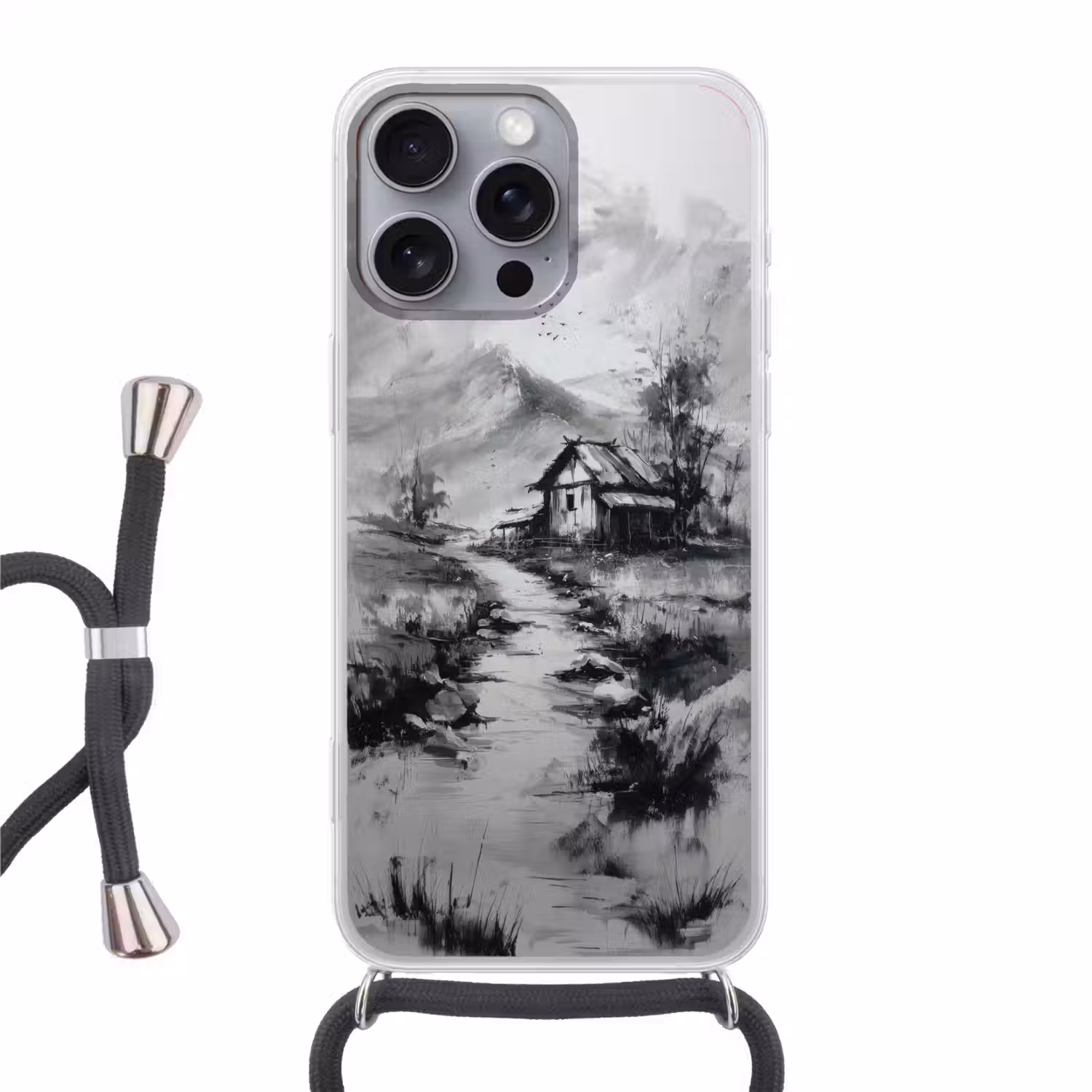 Hut - Grijs - Bergen - Mistig Hoesje iPhone 16 Pro Max met koord klein -3d
