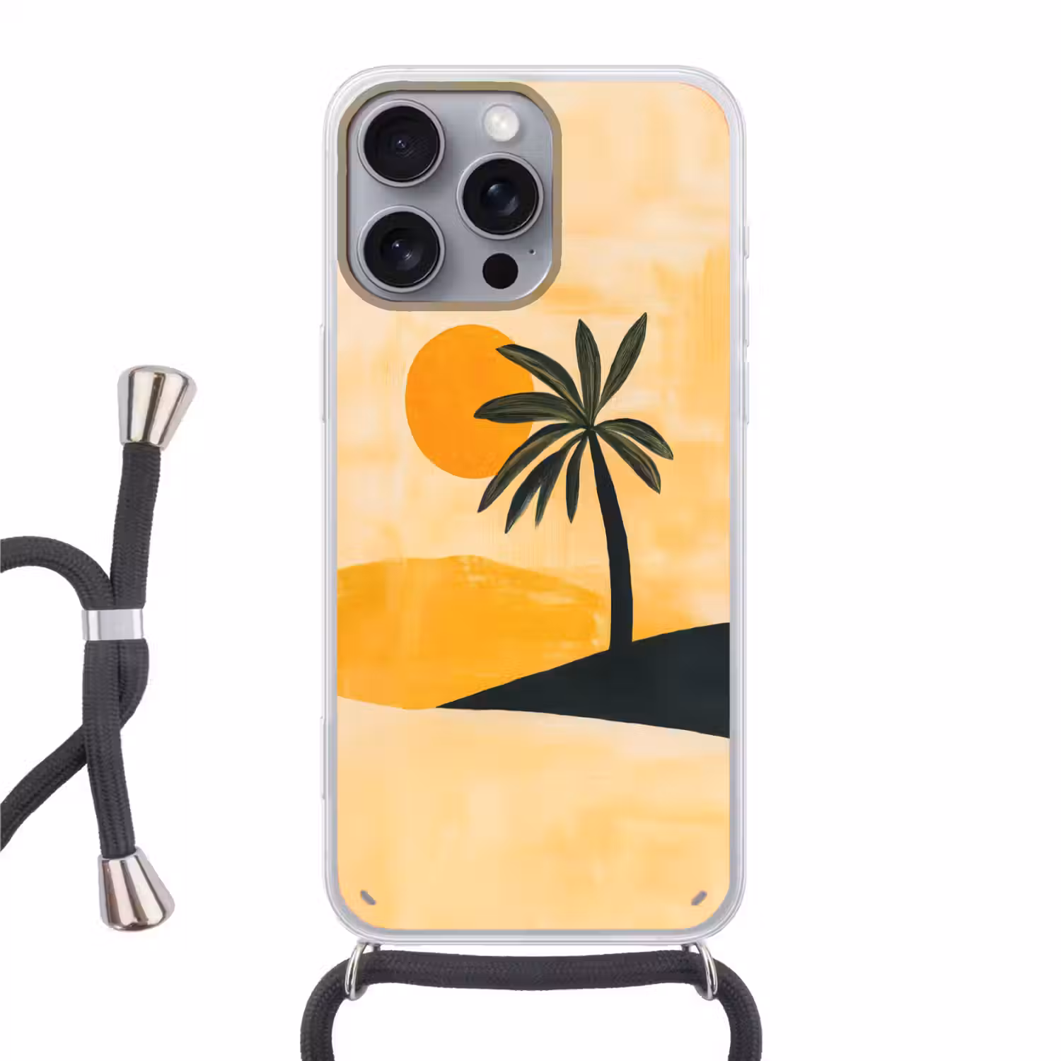 Illustratie - Palmboom - Zon - Heuvels Hoesje iPhone 16 Pro Max met koord klein -3d