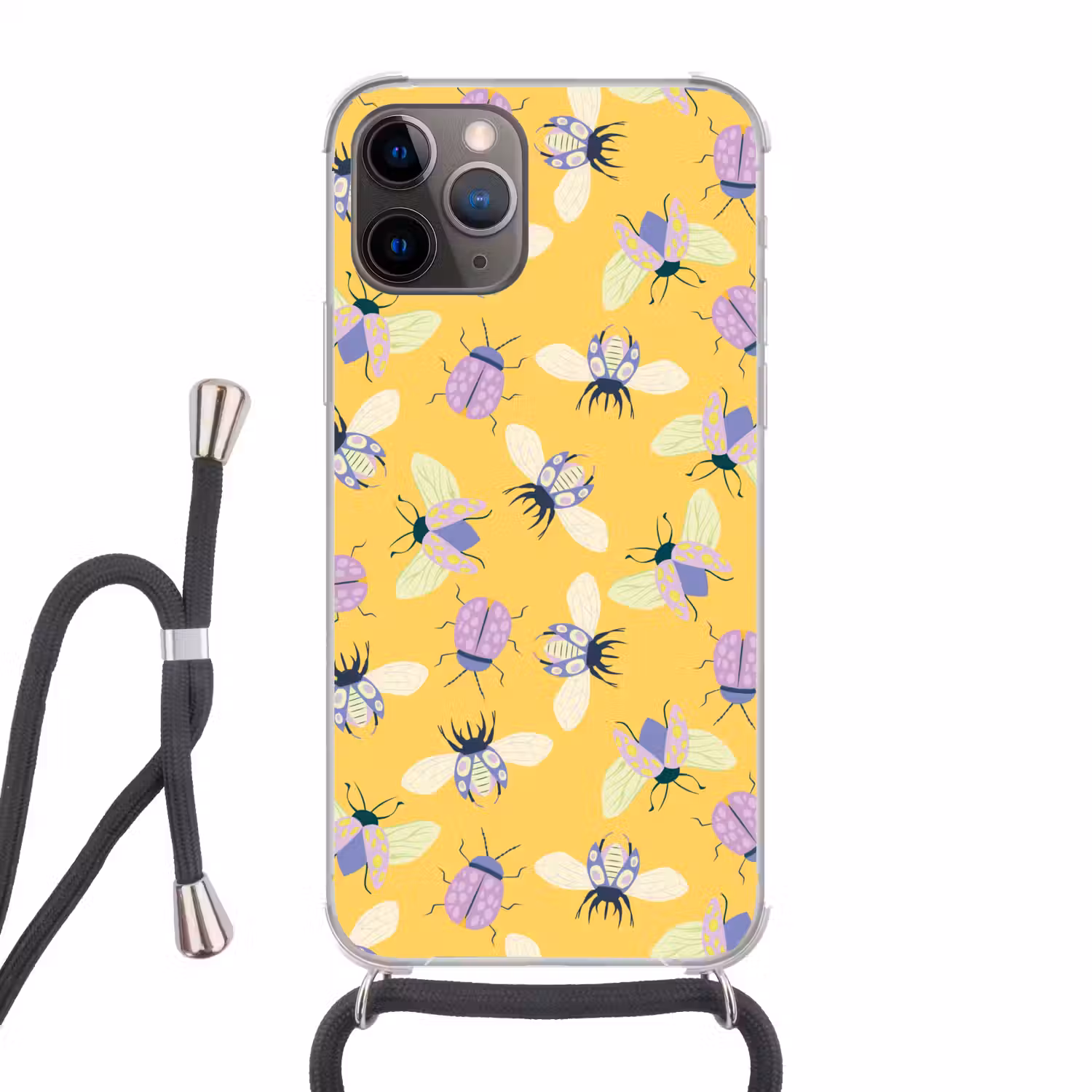 Insecten - Patroon - Geel - Paars - Kleurrijk Hoesje iPhone 12 Pro met koord klein -3d