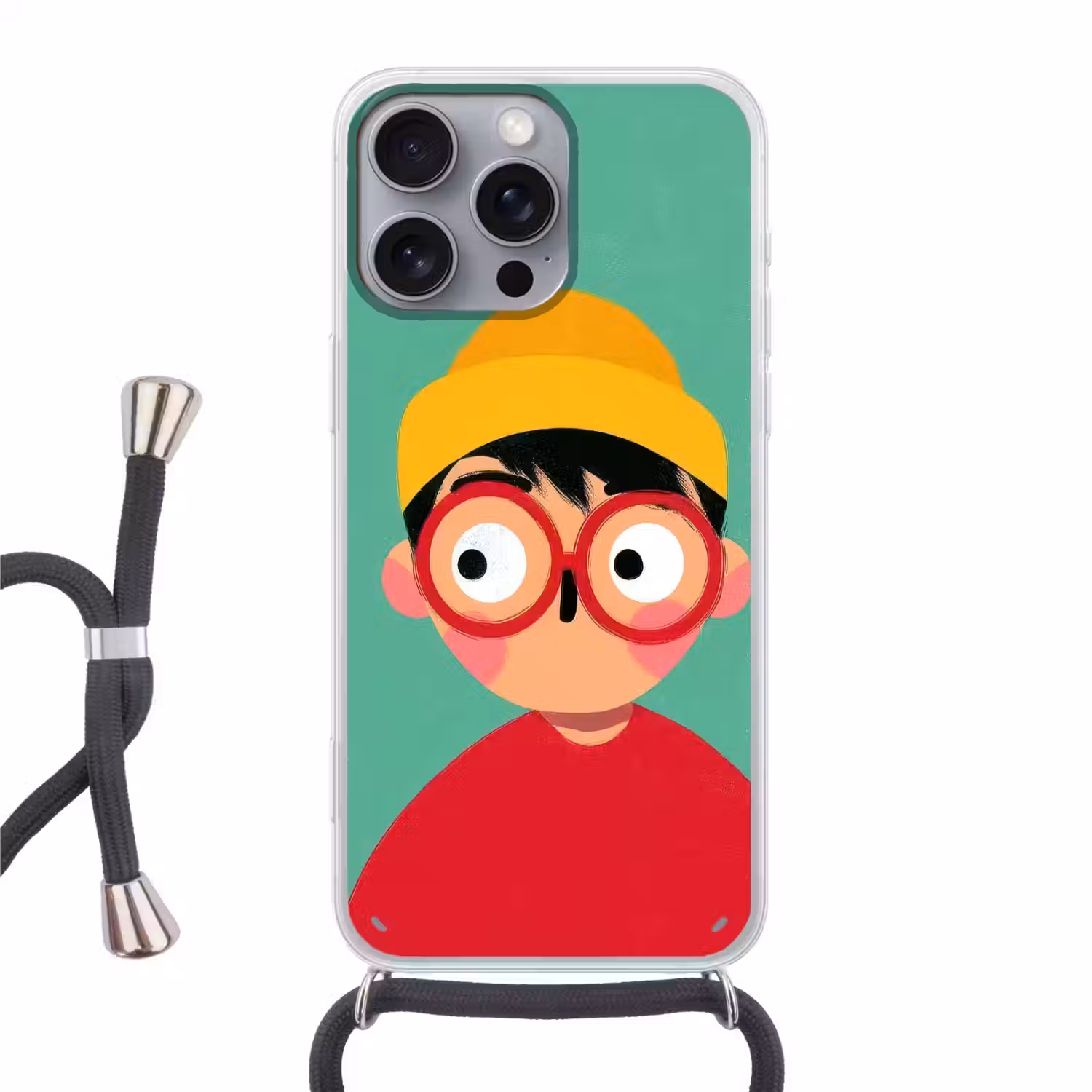 Jongen - Cartoon - Bril - Muts Hoesje iPhone 16 Pro Max met koord klein -3d