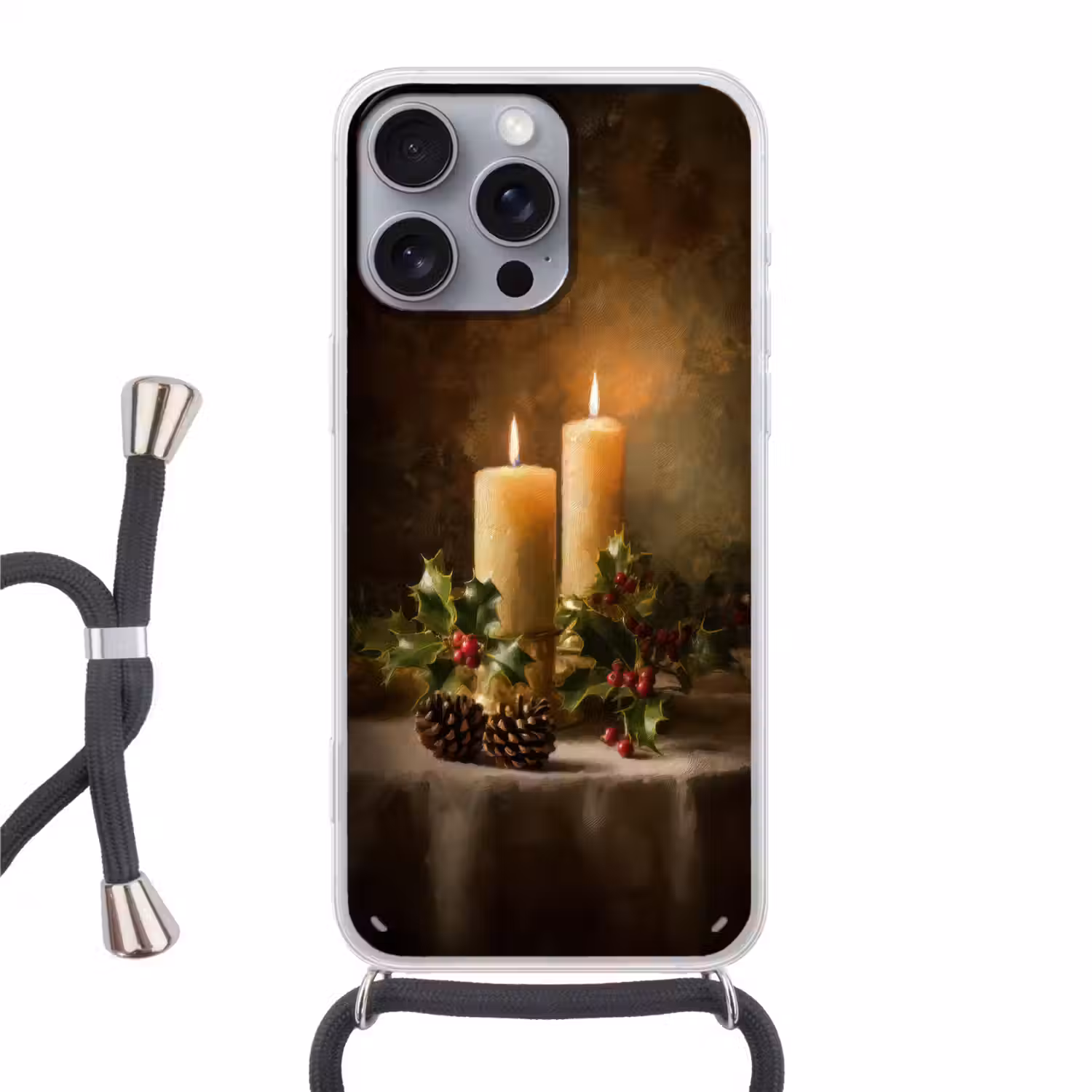 Kaarslicht - Kerst - Veelkleurig Hoesje iPhone 16 Pro Max met koord klein -3d