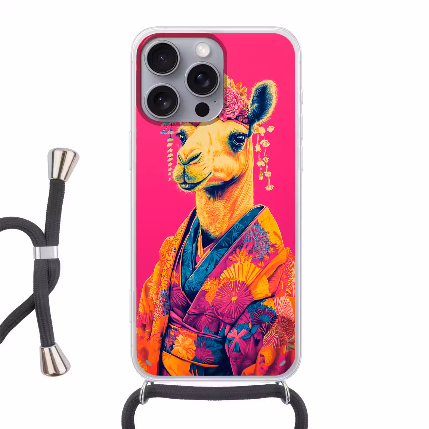 Kameel - Bloemen - Kimono - Waaiers Hoesje iPhone 16 Pro Max met koord klein -3d