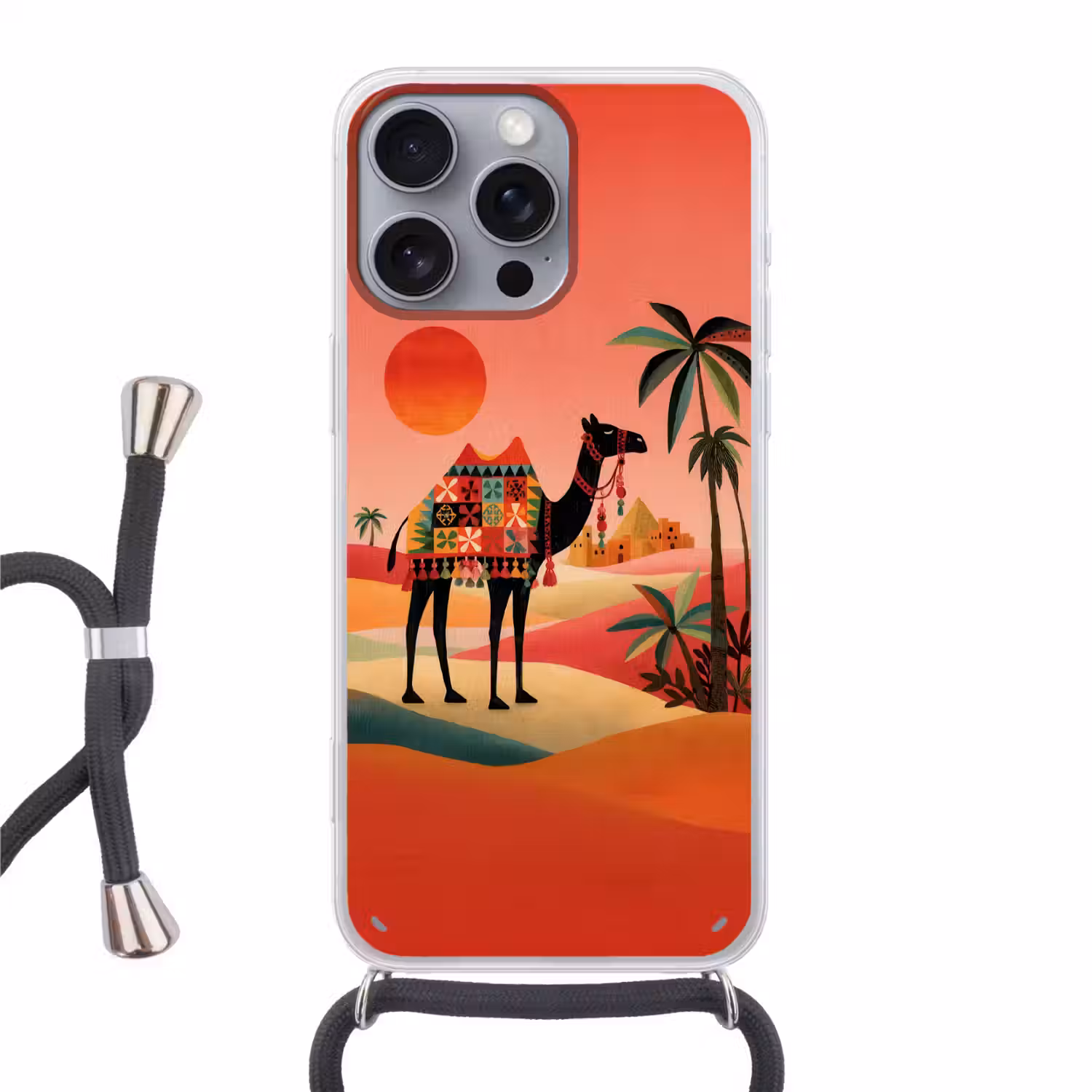 Kameel - Gekleurd tapijt - Duinen - Rode zon Hoesje iPhone 16 Pro Max met koord klein -3d