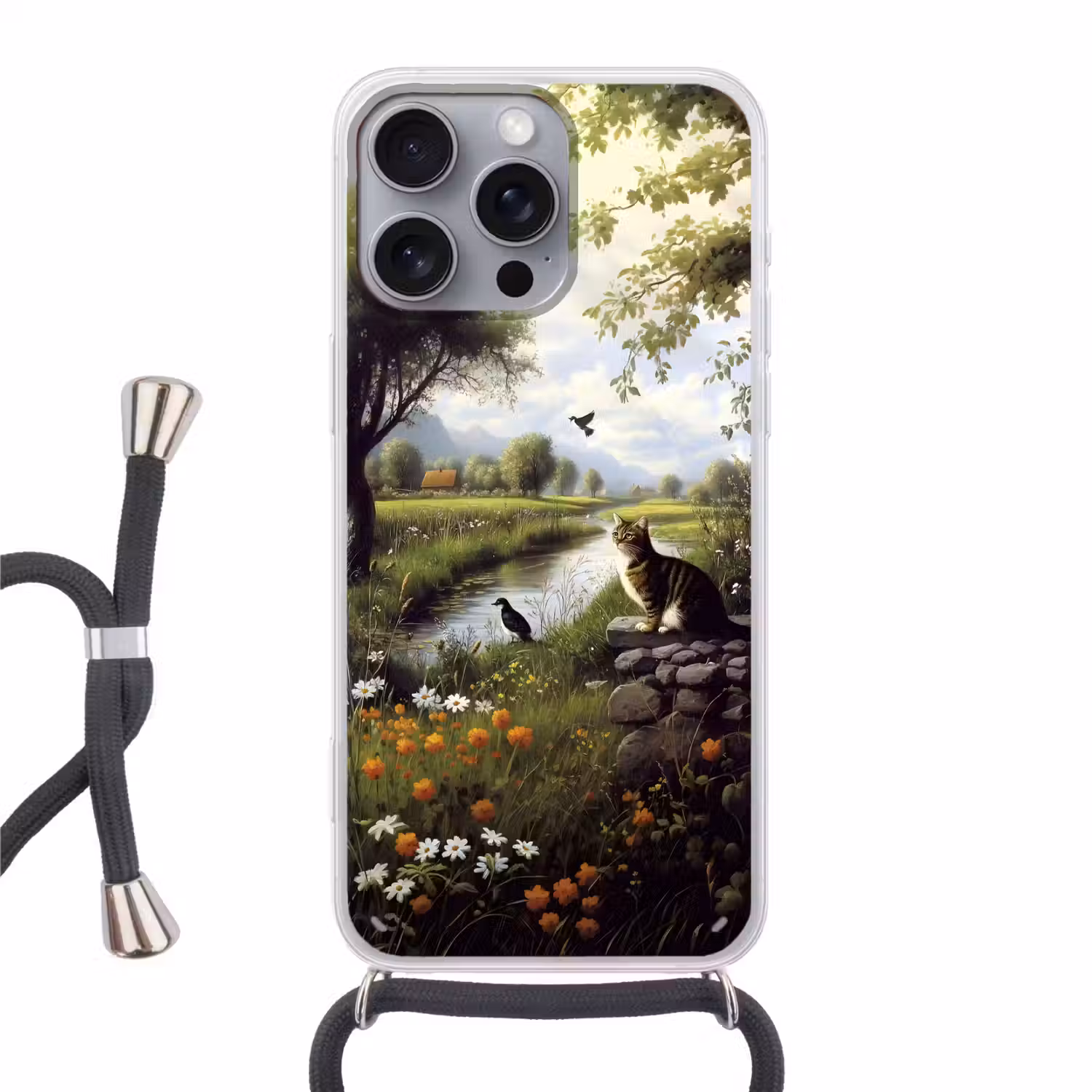Kat - Beekje - Weide Hoesje iPhone 16 Pro Max met koord klein -3d