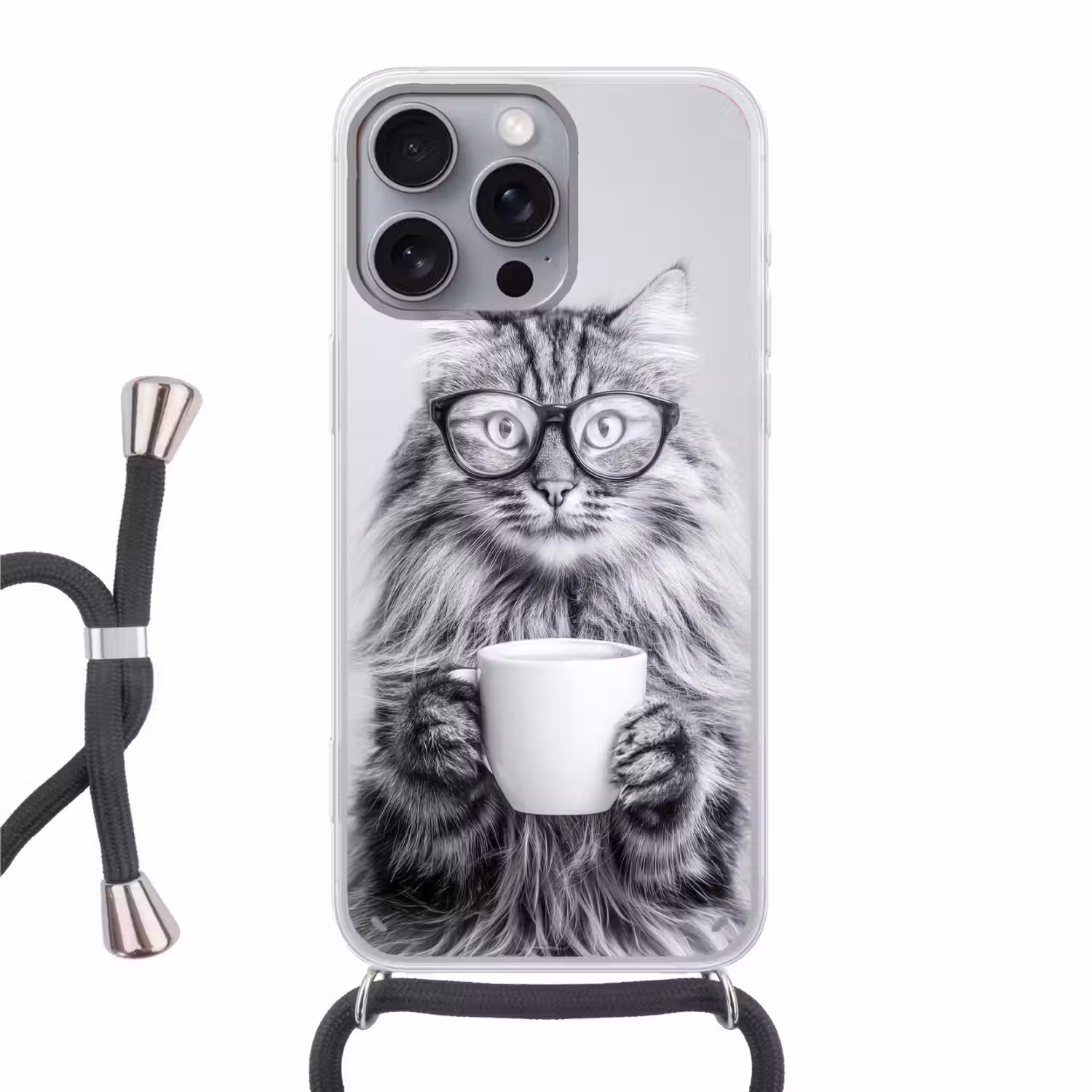 Kat - Bril - Mok - Pluizig Hoesje iPhone 16 Pro Max met koord klein -3d