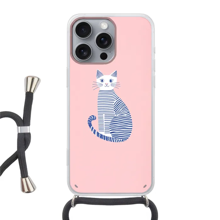 Kat - Illustratie - Minimalistisch - Roze Hoesje iPhone 16 Pro Max met koord klein -3d