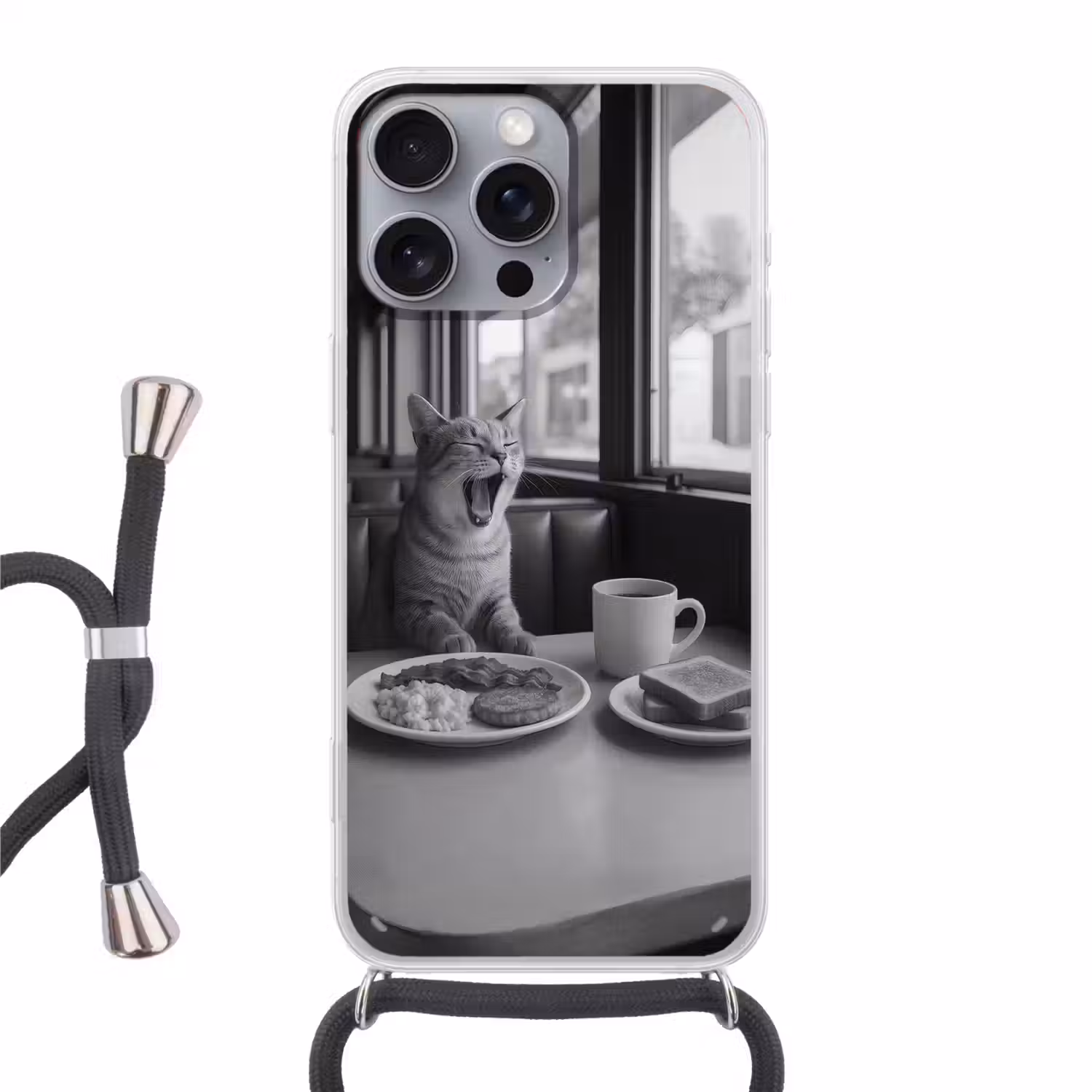 Kat - Koffie - Brood - Zwart Hoesje iPhone 16 Pro Max met koord klein -3d