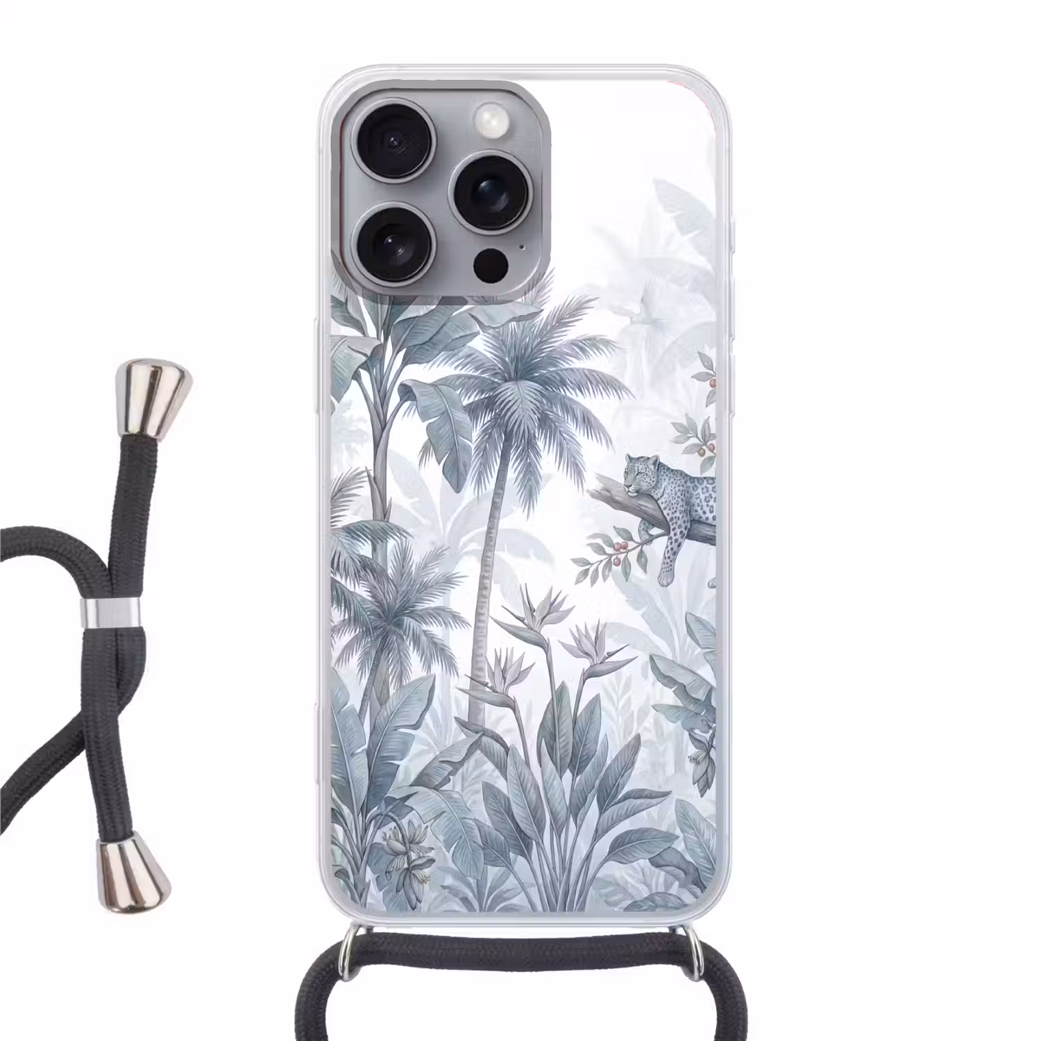 Kat - Tropisch bos - Modern - Grijs Hoesje iPhone 16 Pro Max met koord klein -3d
