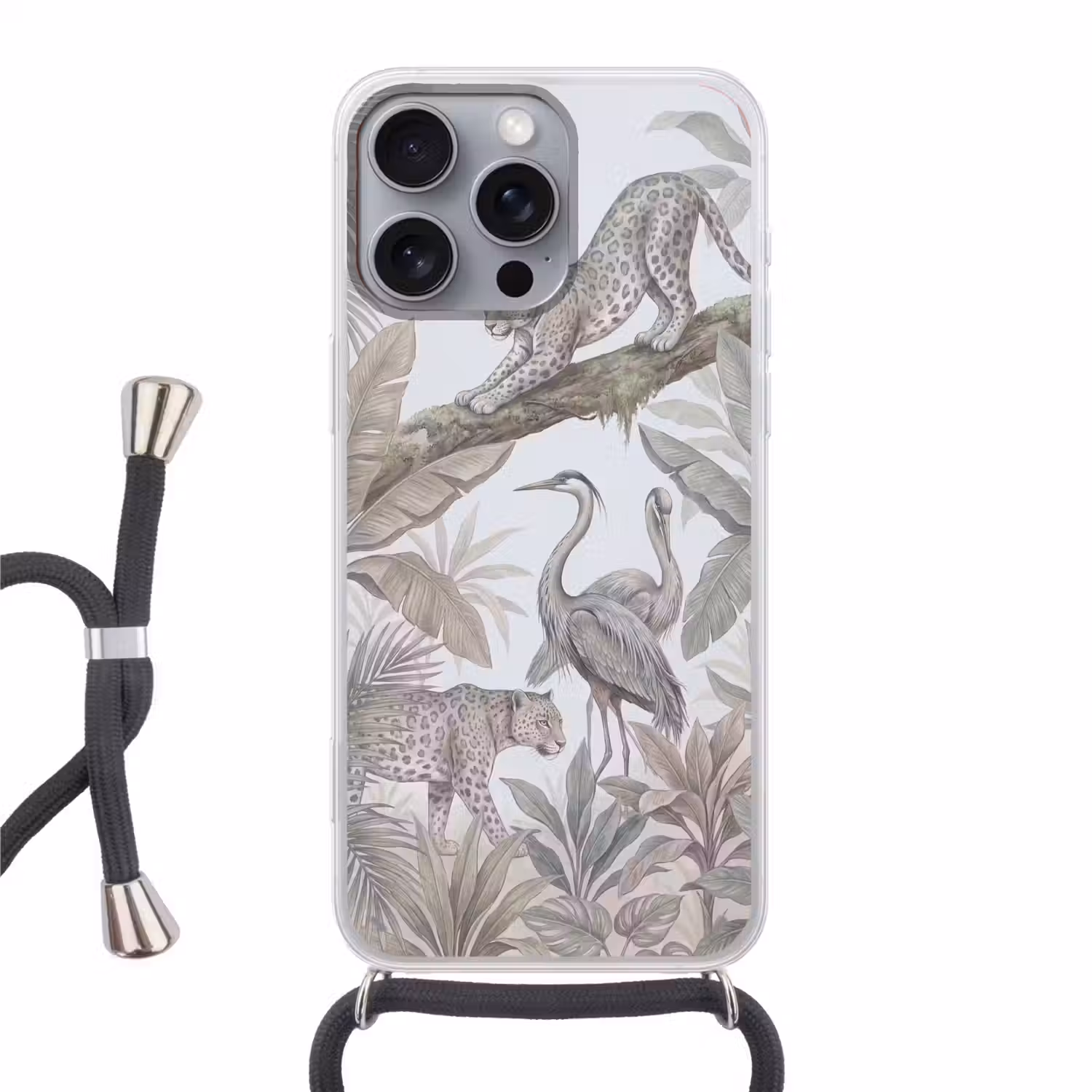Kat - Vogel - Jungle - Illustratie - Dieren Hoesje iPhone 16 Pro Max met koord klein -3d