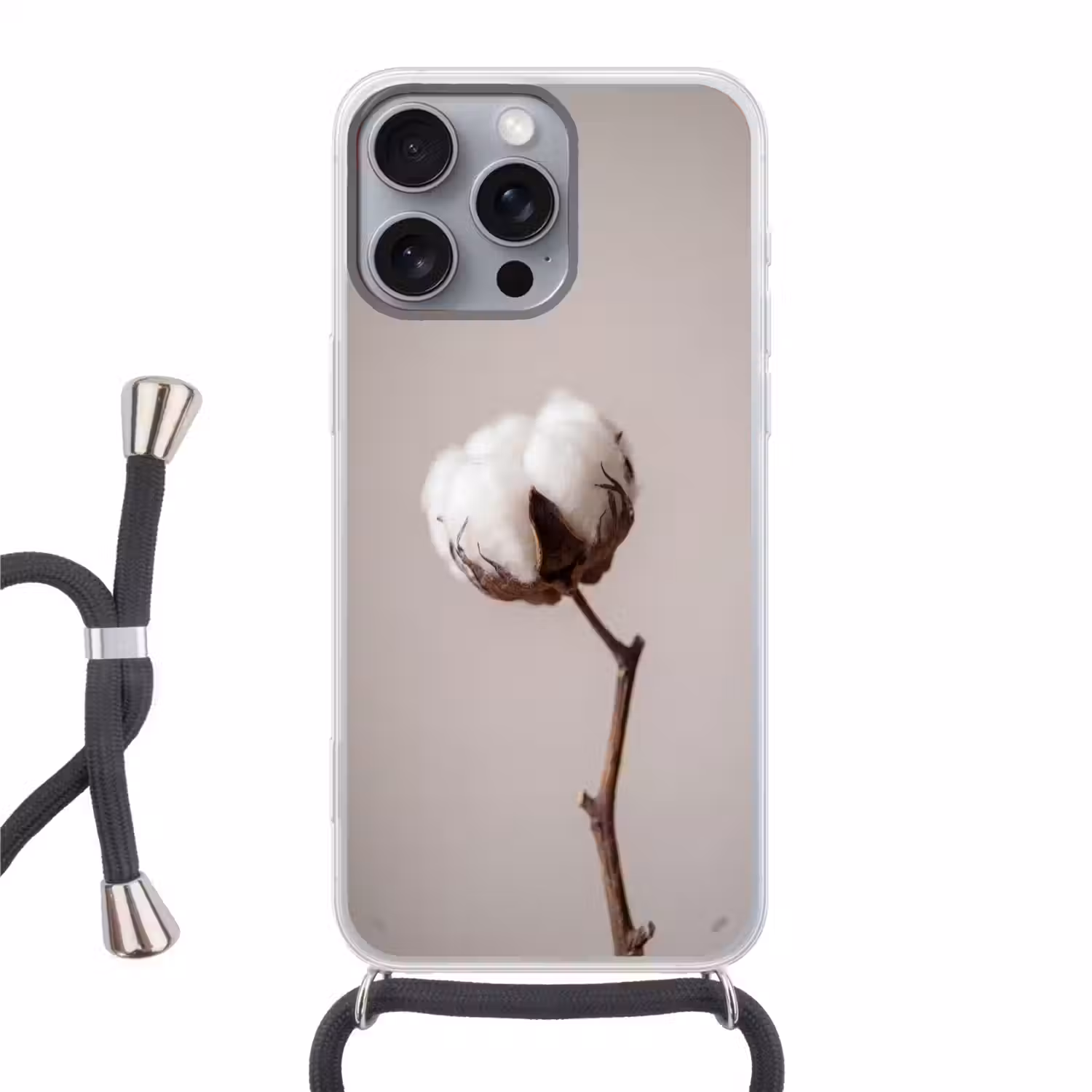 Katoenbol - Minimalistisch - Wit Hoesje iPhone 16 Pro Max met koord klein -3d