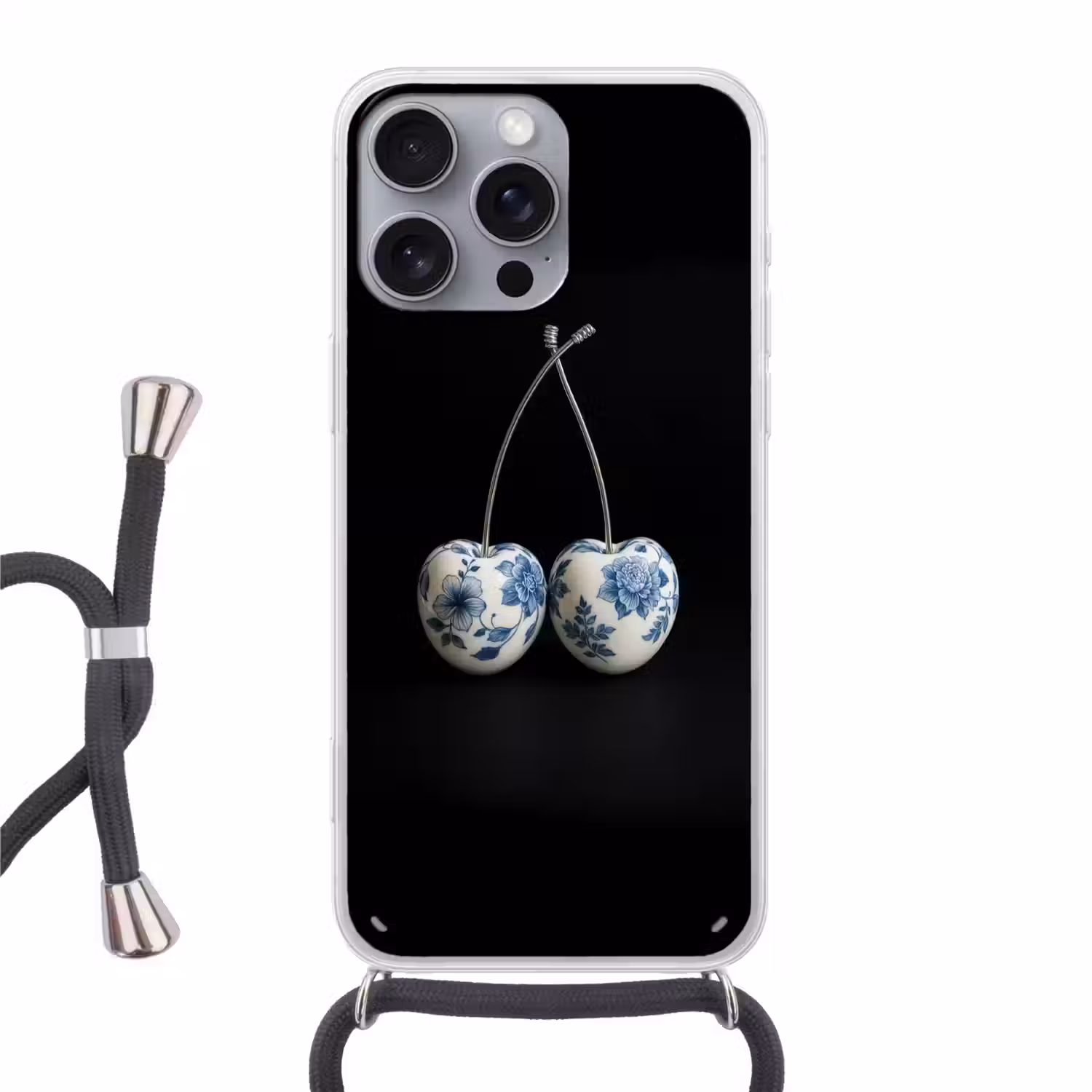 Kersen - Delfts blauw - Fruit Hoesje iPhone 16 Pro Max met koord klein -3d