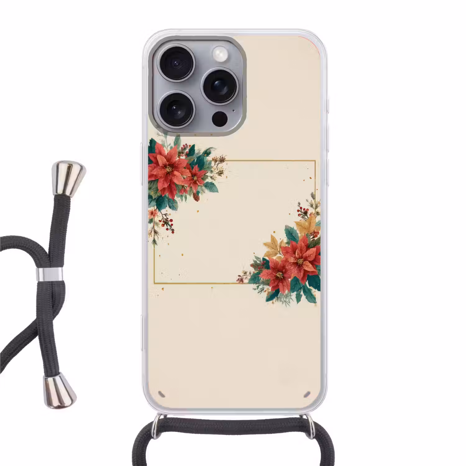 Kerst - Poinsettia - Omlijsting - Kleurrijk Hoesje iPhone 16 Pro Max met koord klein -3d