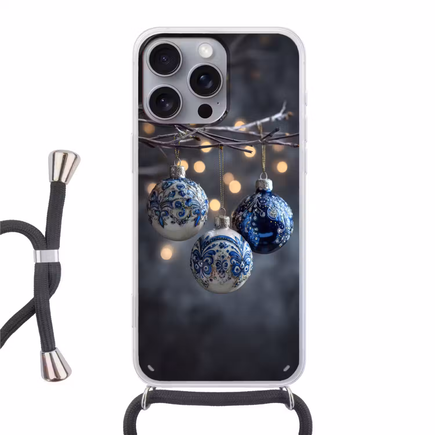 Kerstbal - Versierd - Blauw Hoesje iPhone 16 Pro Max met koord klein -3d