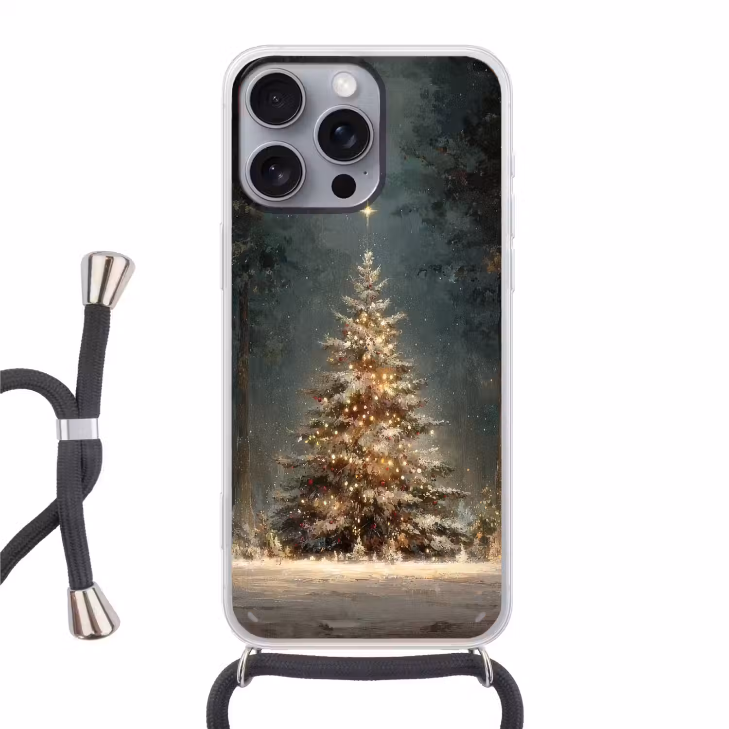 Kerstboom - Bos - Sneeuw - meerkleurig Hoesje iPhone 16 Pro Max met koord klein -3d