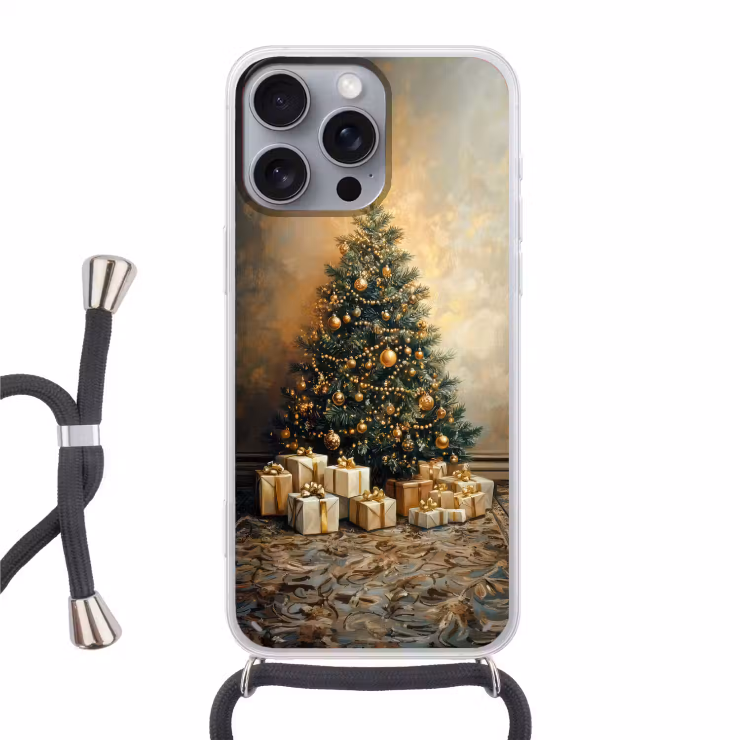 Kerstboom - Cadeaus - Goud Hoesje iPhone 16 Pro Max met koord klein -3d