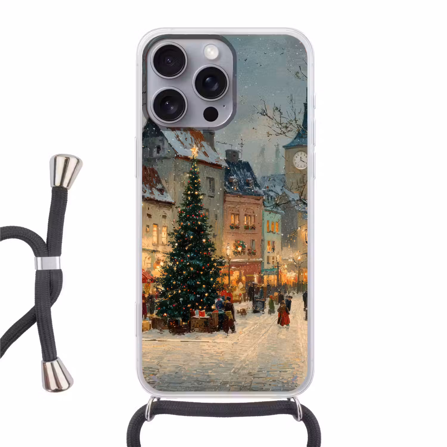 Kerstsfeer - Stadsplein - Kleurrijk Hoesje iPhone 16 Pro Max met koord klein -3d