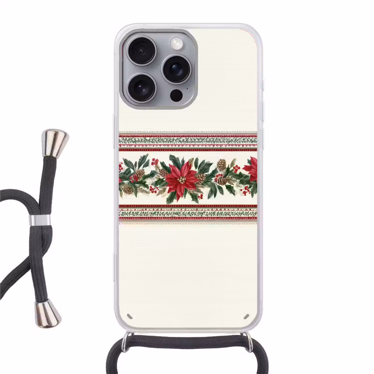 Kerststrook - Poinsettia - Rood - Groen Hoesje iPhone 16 Pro Max met koord klein -3d