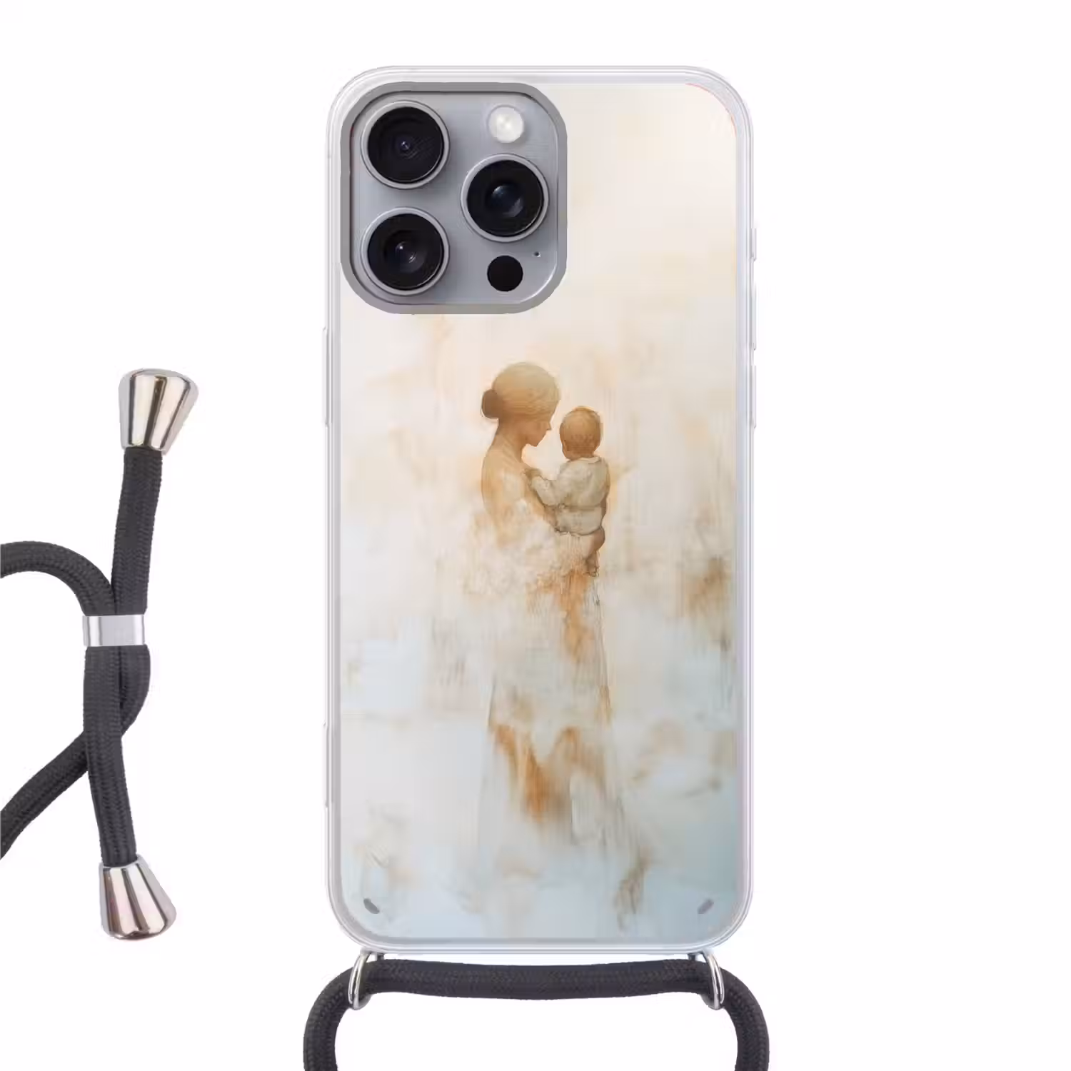Kind - Moeder - Waterverfschilderij Hoesje iPhone 16 Pro Max met koord klein -3d
