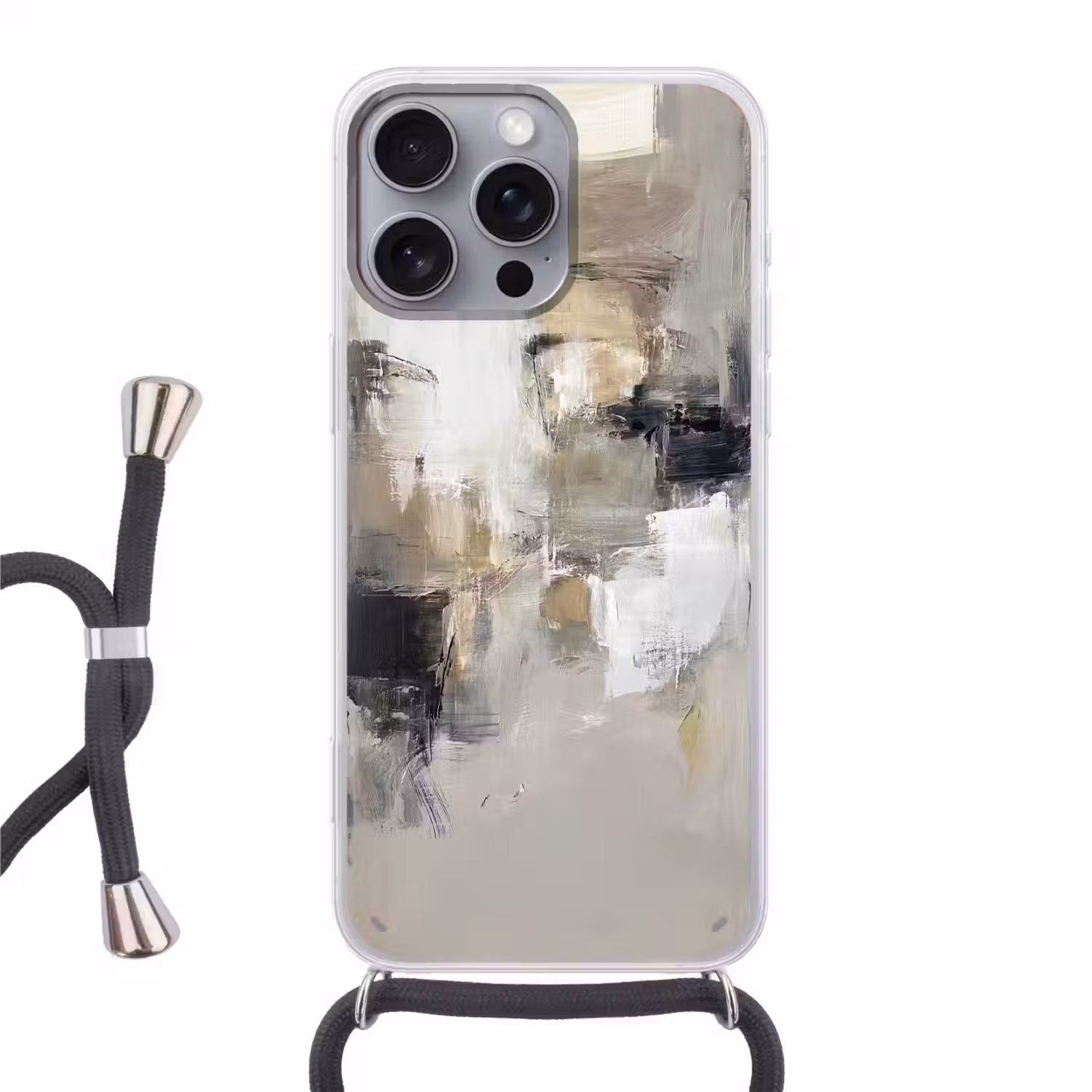 Kleurenpalet - Penseelstreken - Beige - Nevelig Hoesje iPhone 16 Pro Max met koord klein -3d