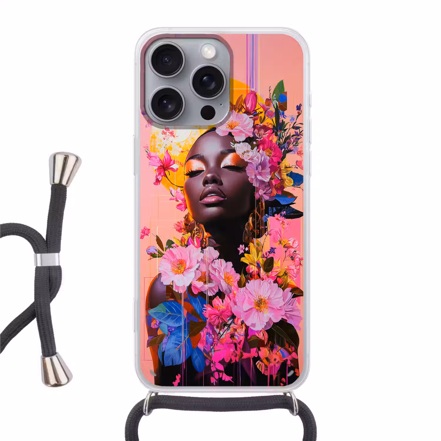 Kleurrijk - Bloemen - Vrouw - Zon Hoesje iPhone 16 Pro Max met koord klein -3d