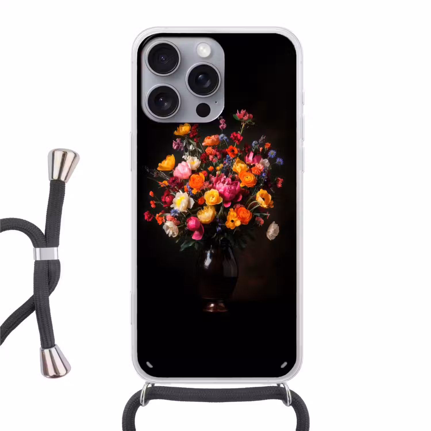 Kleurrijk - Boeket - Vaas - Donkerbruin Hoesje iPhone 16 Pro Max met koord klein -3d