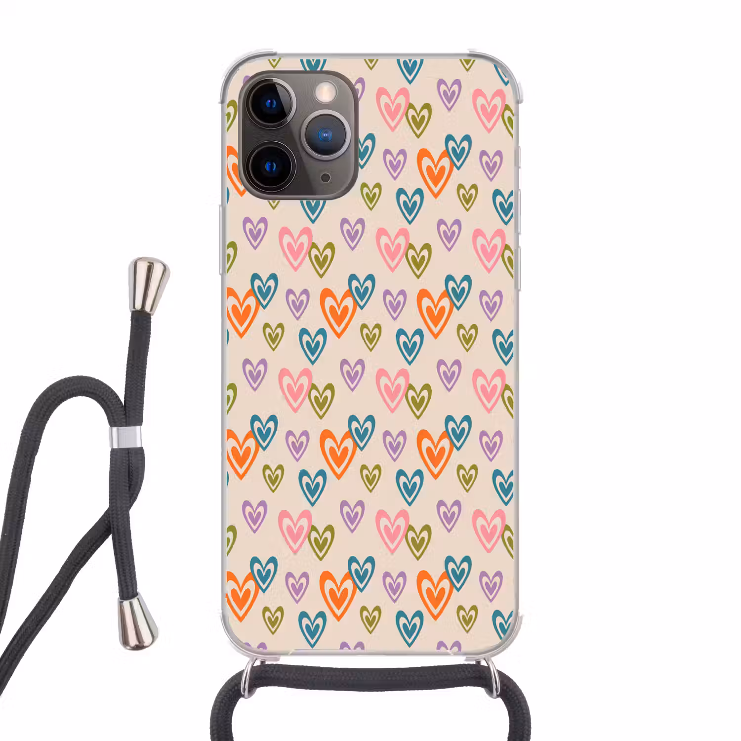 Kleurrijk - Hartjes - Patroon - Beige Hoesje iPhone 12 Pro met koord klein 509 -3d