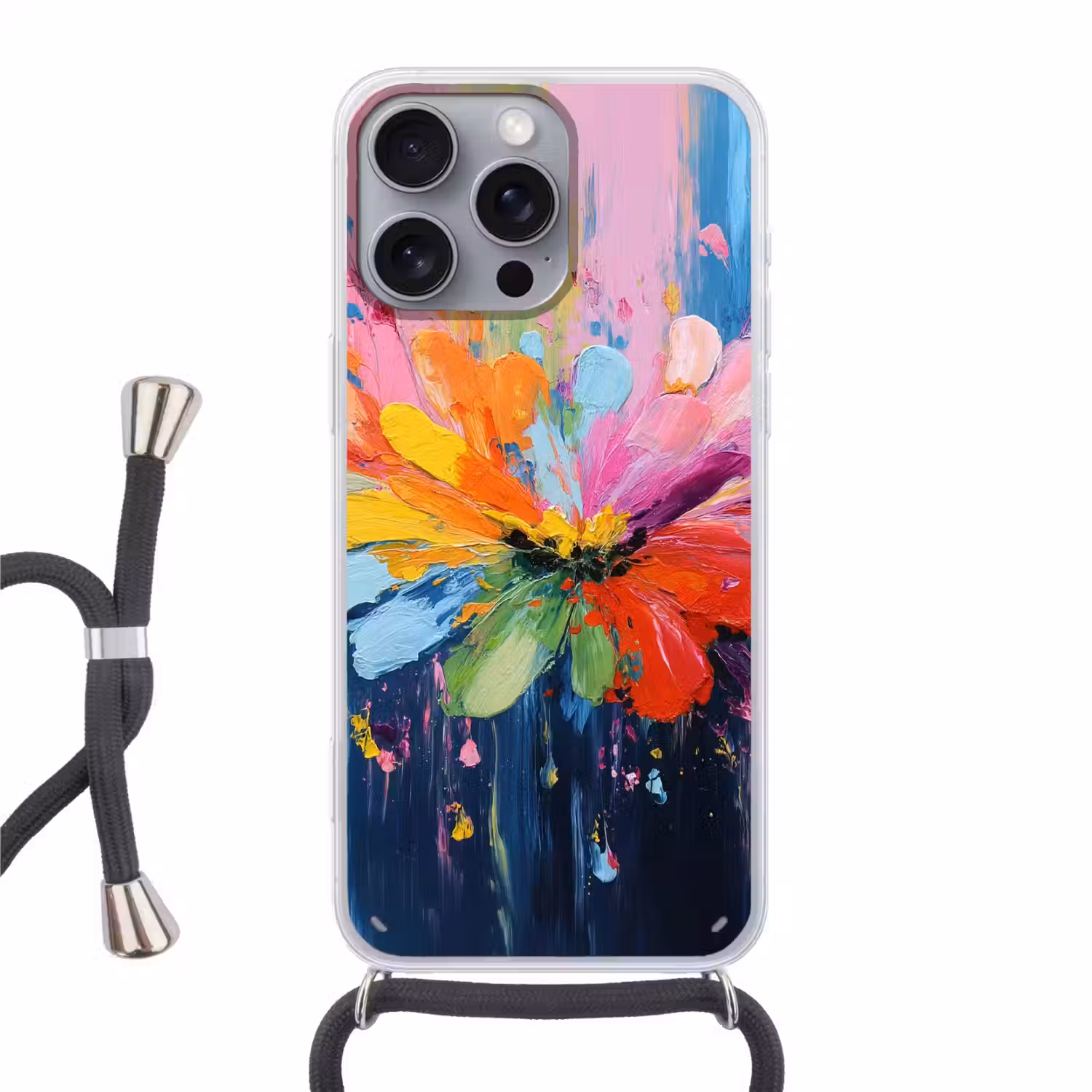 Kleuruitbarsting - Expressieve sfeer - Bloem Hoesje iPhone 16 Pro Max met koord klein -3d