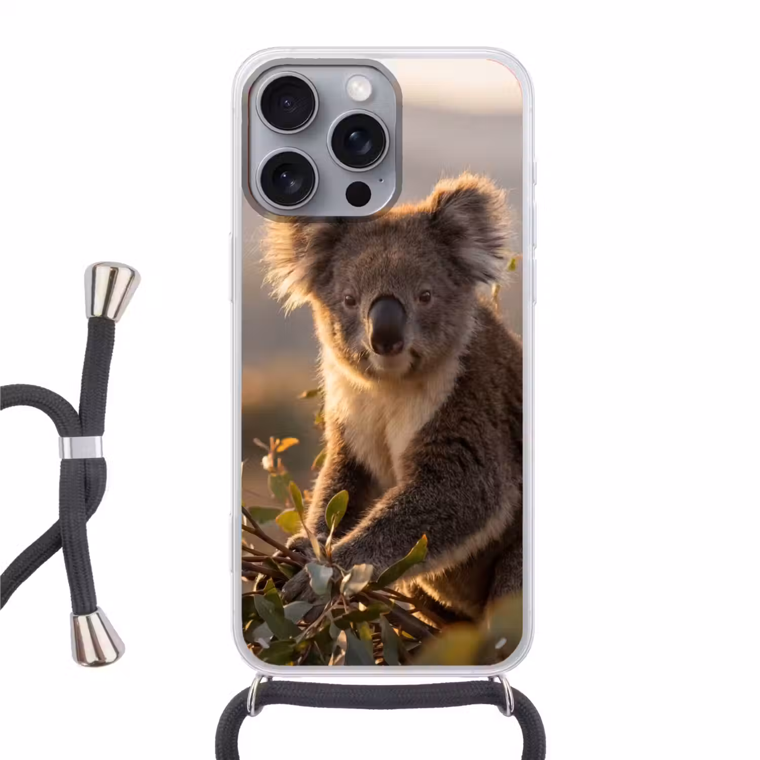 Koala - Bladeren - Ochtendlicht Hoesje iPhone 16 Pro Max met koord klein -3d
