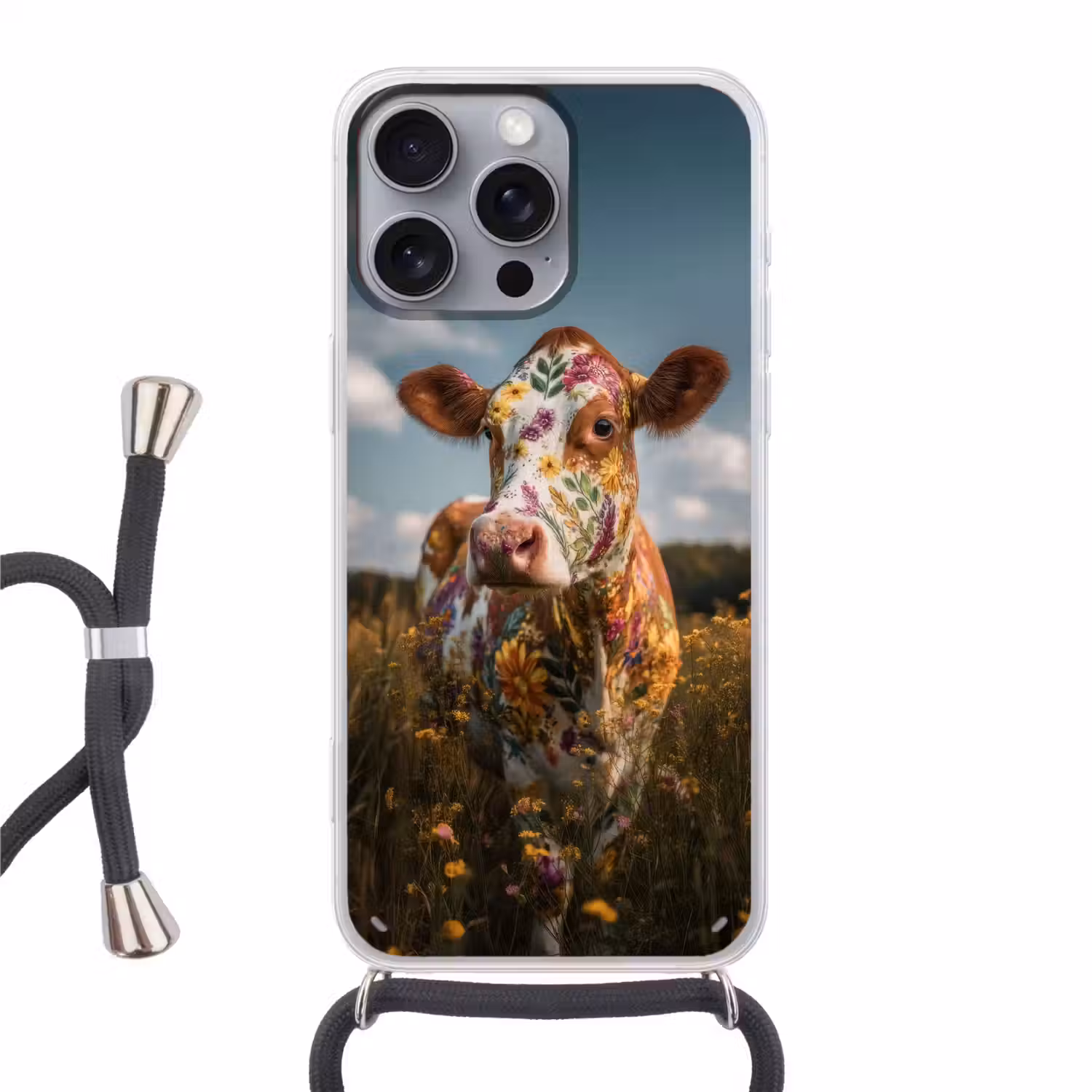 Koe - Bloemen - Weiland Hoesje iPhone 16 Pro Max met koord klein -3d