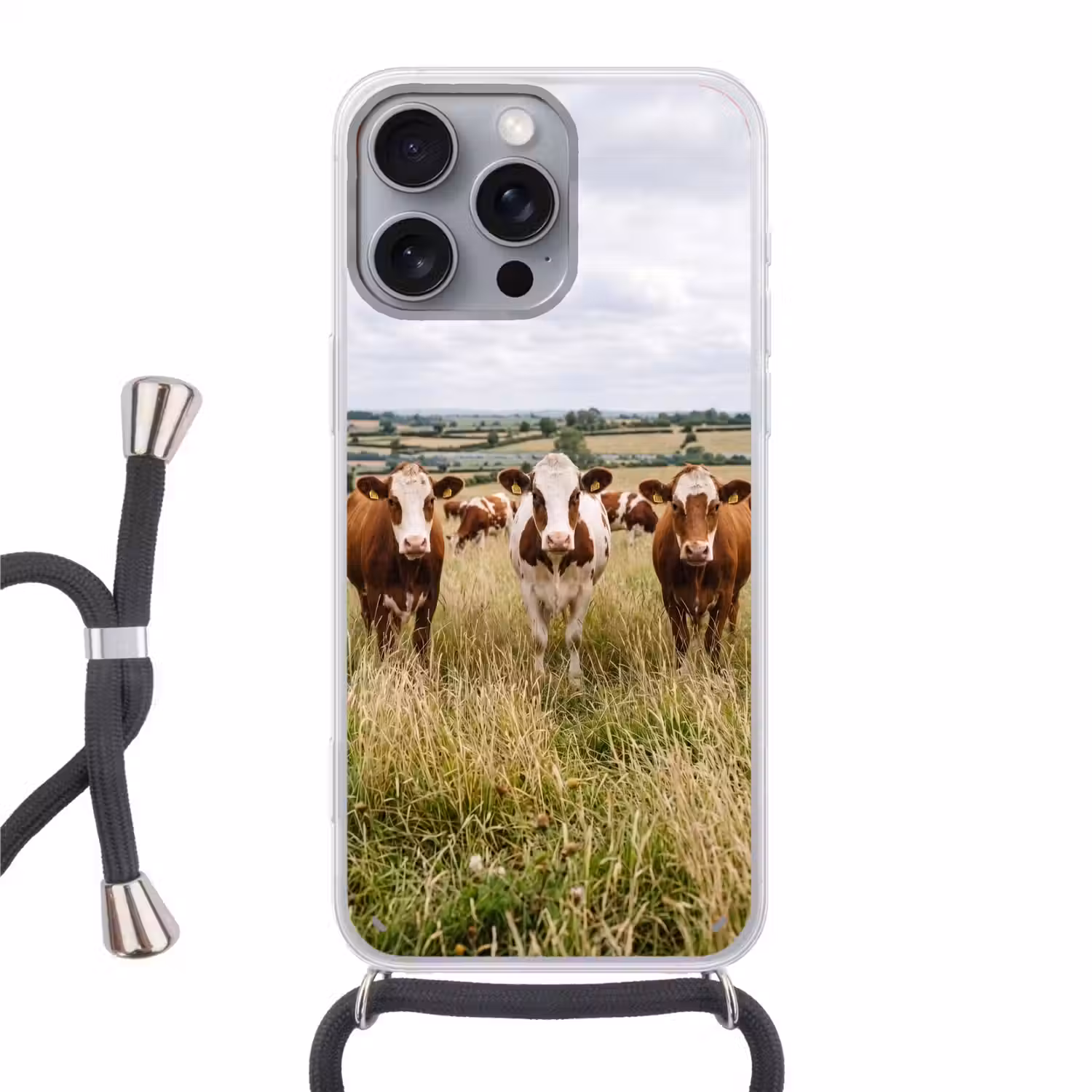 Koeien - Portret - Weide - Boerderij - Nieuwsgierig Hoesje iPhone 16 Pro Max met koord klein -3d