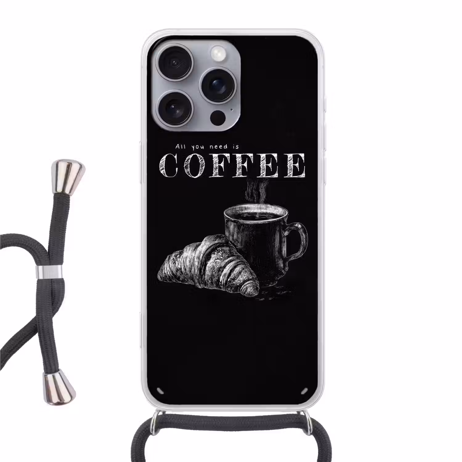 Koffie - Croissant - Tekst Hoesje iPhone 16 Pro Max met koord klein -3d