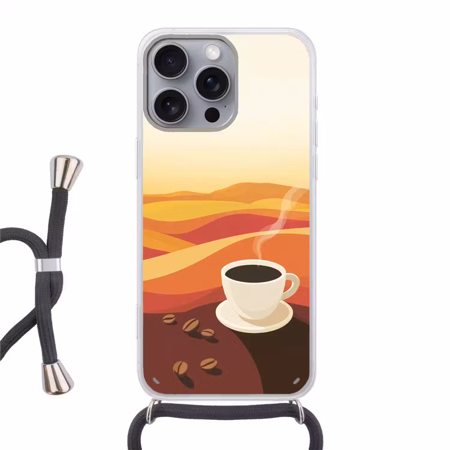 Koffie - Landschap - Oranje - Koffiebonen Hoesje iPhone 16 Pro Max met koord klein -3d