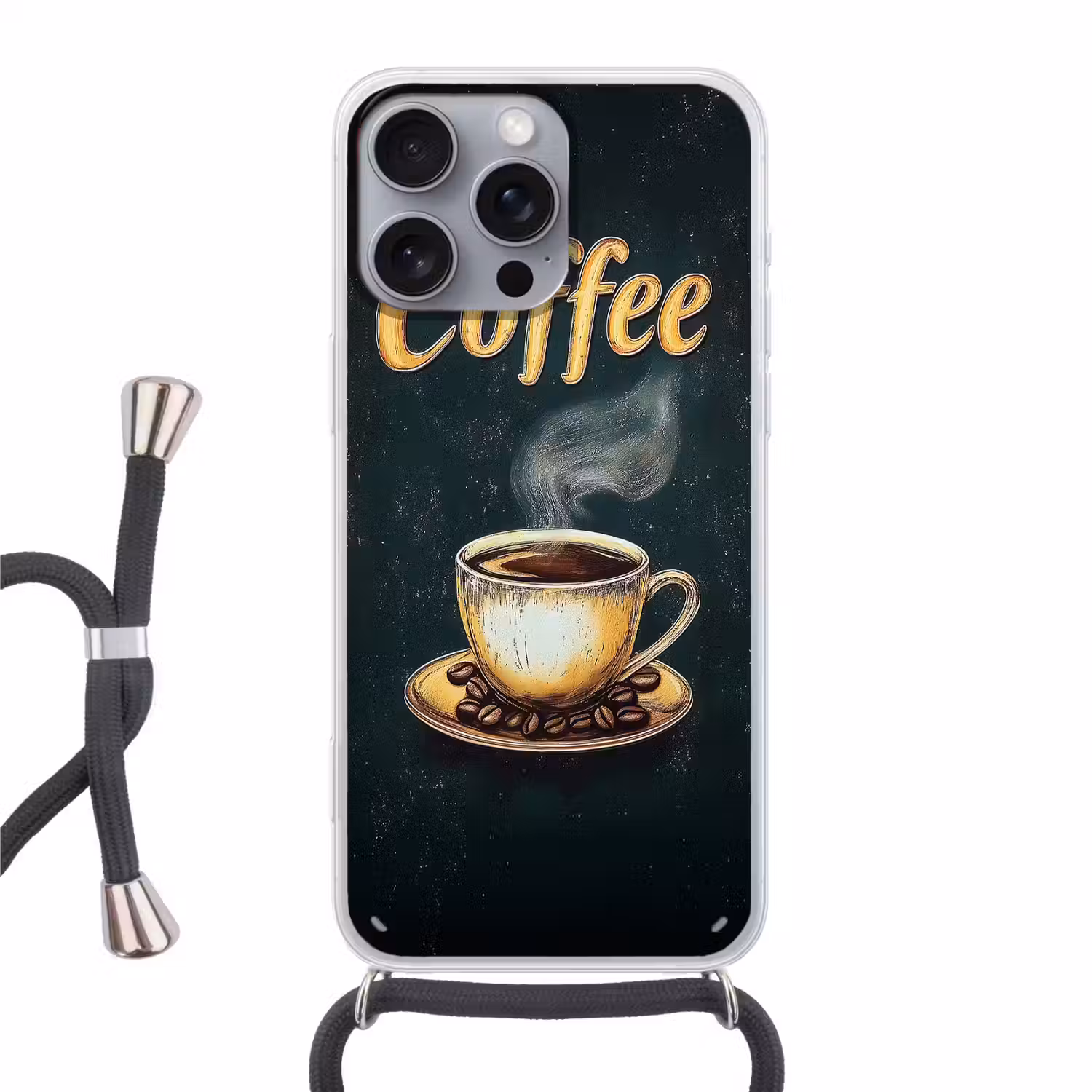 Koffie - Schotel - Koffiebonen - Retro Hoesje iPhone 16 Pro Max met koord klein -3d