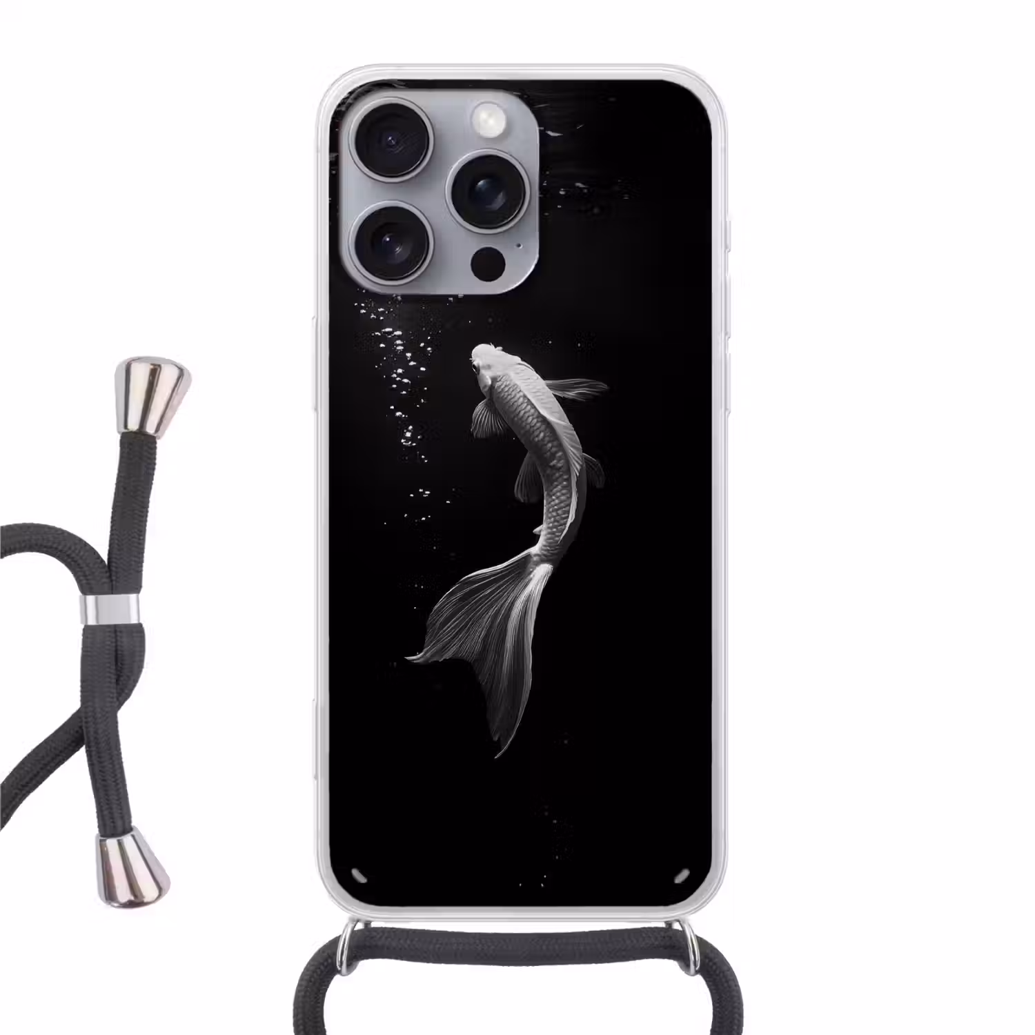 Koi - Vis - Wit - Zwart Hoesje iPhone 16 Pro Max met koord klein -3d