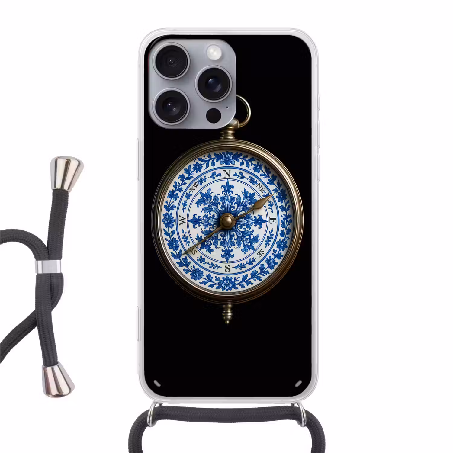 Kompas - Delfts blauw - Zwart Hoesje iPhone 16 Pro Max met koord klein -3d