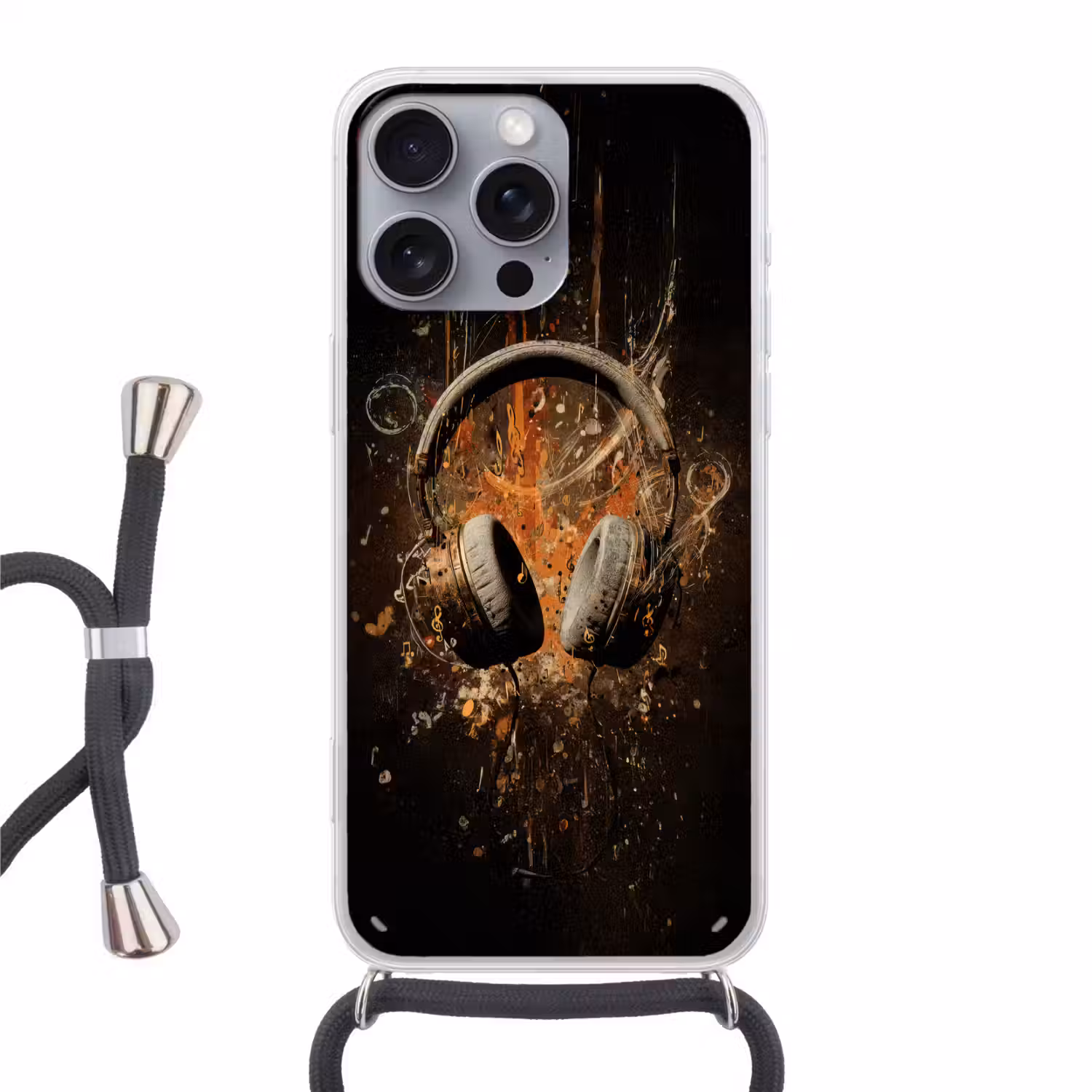 Koptelefoon - Bruin - Dynamische penseelstreken Hoesje iPhone 16 Pro Max met koord klein -3d