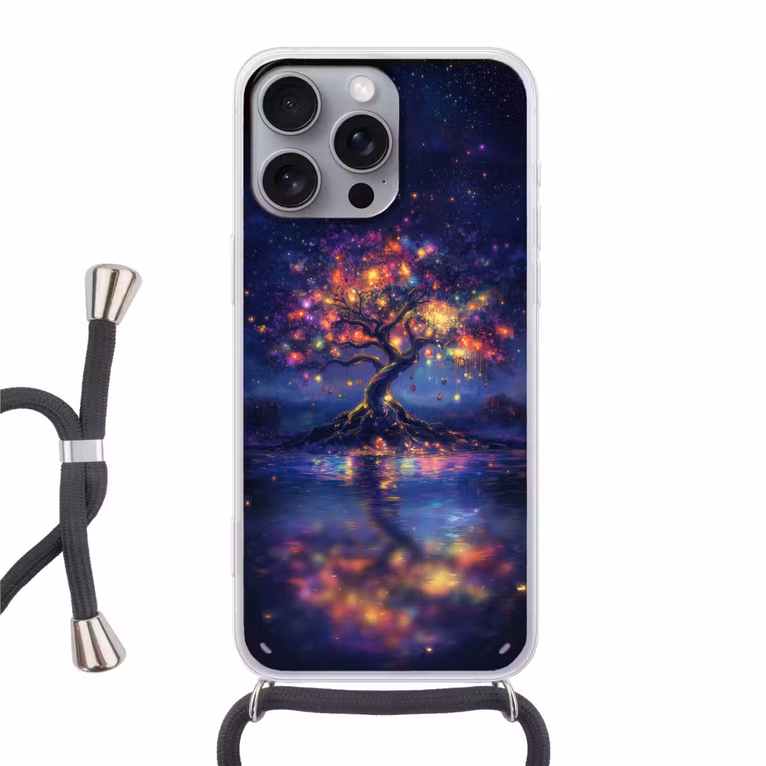 Kosmisch - lichtboom - Kerst - Kleurrijk Hoesje iPhone 16 Pro Max met koord klein -3d
